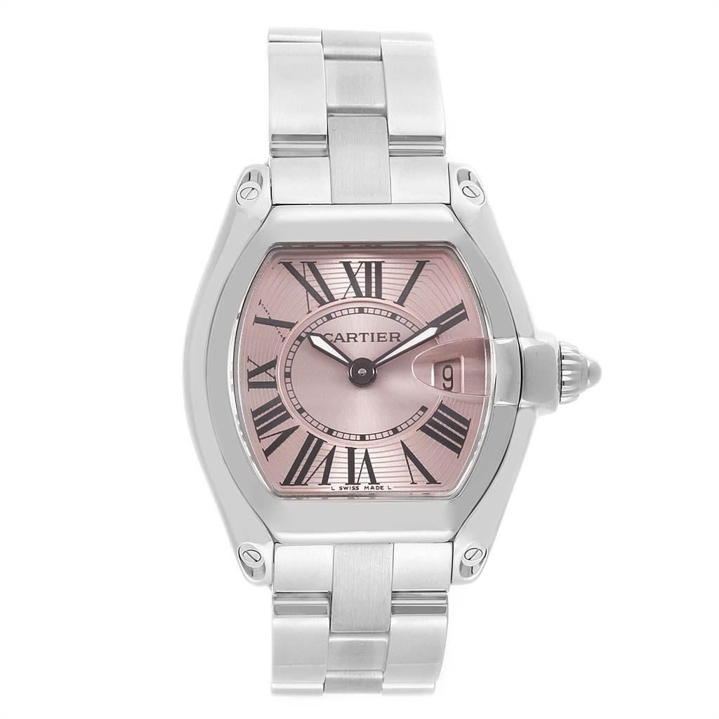 Cartier Roadster Pink Dial Stainless Steel Ladies Watch W62017V3 In Excellent Condition For Sale In Atlanta, GA