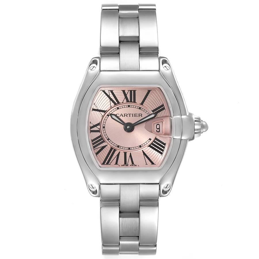 Cartier Roadster Pink Dial Steel Ladies Watch W62017V3 Box Papers. Swiss quartz movement calibre 688. Stainless steel tonneau shaped case 36 x 30 mm. . Scratch resistant sapphire crystal with cyclops magnifier. Pink sunray effect dial with black
