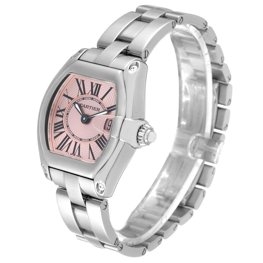 Cartier Roadster Pink Dial Steel Ladies Watch W62017V3 Box Papers In Excellent Condition In Atlanta, GA