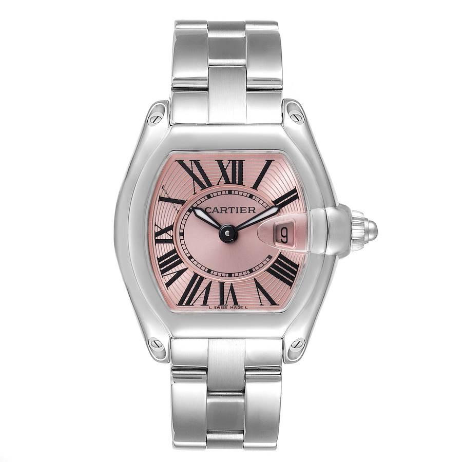 Cartier Roadster Pink Dial Steel Ladies Watch W62017V3. Swiss quartz movement calibre 688. Stainless steel tonneau shaped case 36 x 30 mm. . Scratch resistant sapphire crystal with cyclops magnifying glass. Pink sunray effect dial with black Roman