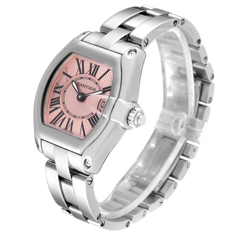 Cartier Roadster Pink Dial Steel Ladies Watch W62017V3 In Excellent Condition For Sale In Atlanta, GA