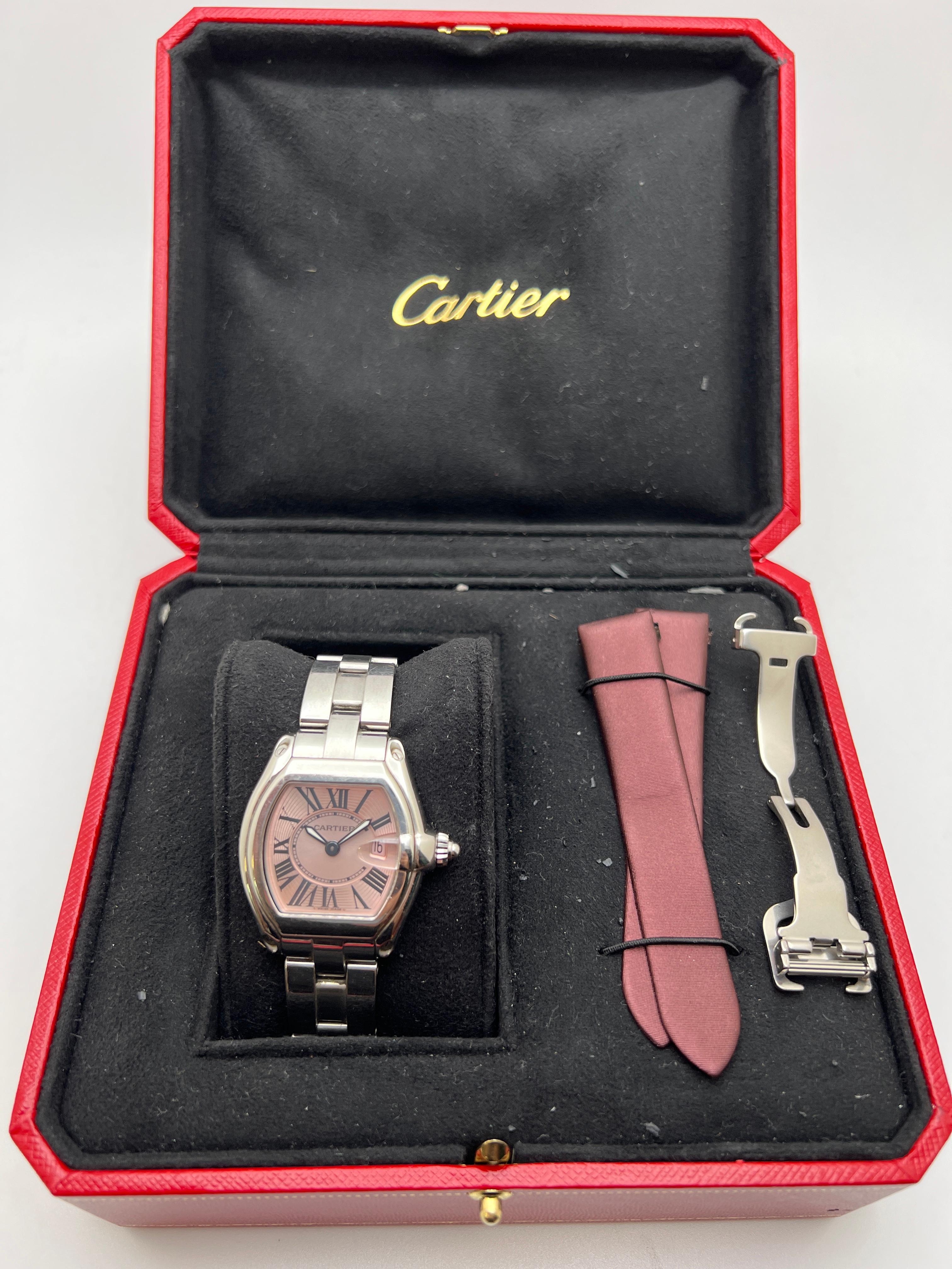 Cartier Roadster Pink Dial W62017V3 Stainless Steel Quartz Ladies Watch B&P im Zustand „Hervorragend“ im Angebot in New York, NY