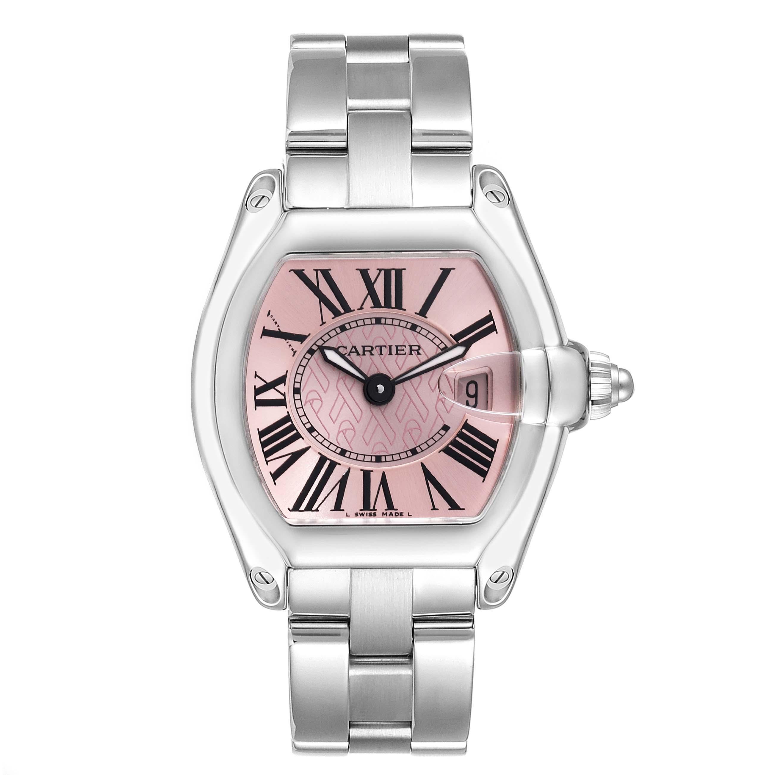 Cartier Roadster Pink Ribbon Breast Cancer Awareness LE Watch W62043V3. Swiss quartz movement calibre 688. Stainless steel tonneau shaped case 36 x 30 mm. . Scratch resistant sapphire crystal with cyclops magnifying glass. Pink Ribbon Breast Cancer