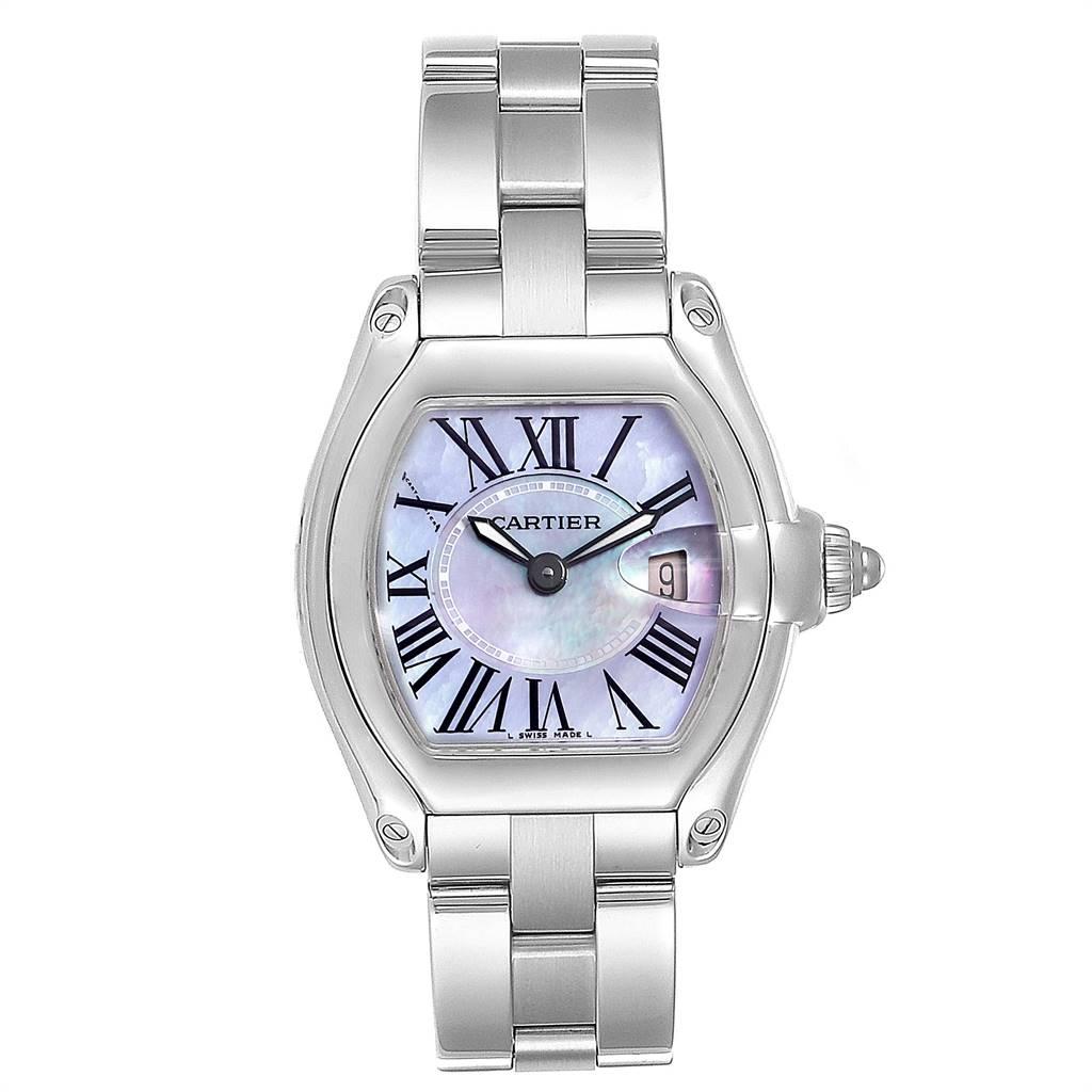 Cartier Roadster Purple Mother of Pearl Dial Steel Ladies Watch W6206007. Swiss quartz movement calibre 688. Scratch resistant sapphire crystal with cyclops magnifying glass. Scratch resistant sapphire crystal with cyclops magnifying glass. Scratch