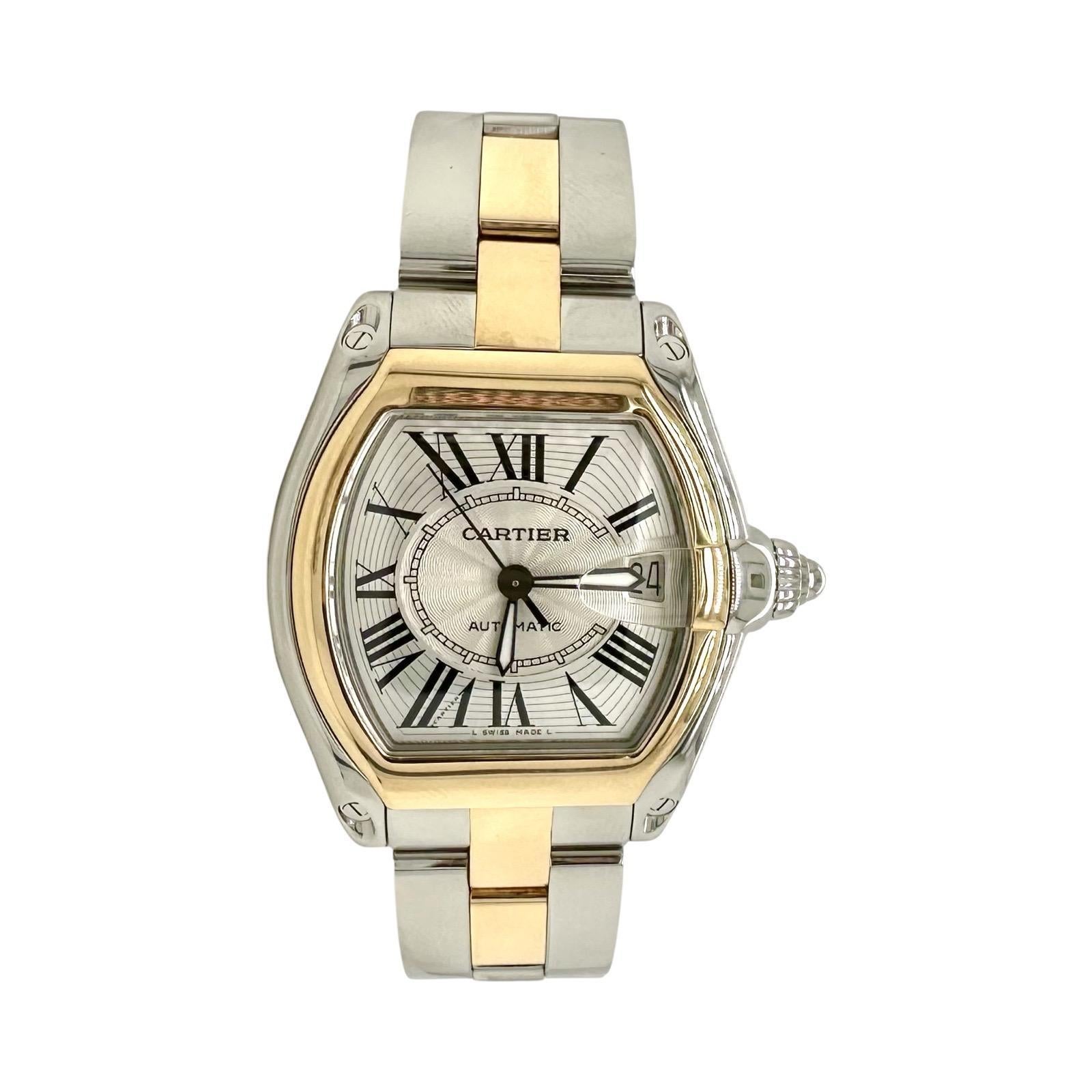 Brand: Cartier
Model: Roadster
Reference Number: 2510
Movement: Automatic
Case Size: 43mm x 38mm
Case Material: Stainless Steel & 18k Yellow Gold
Glass: Scratch Resistant Sapphire
Bracelet Material: Stainless Steel & 18k Yellow Gold
Year: Originall