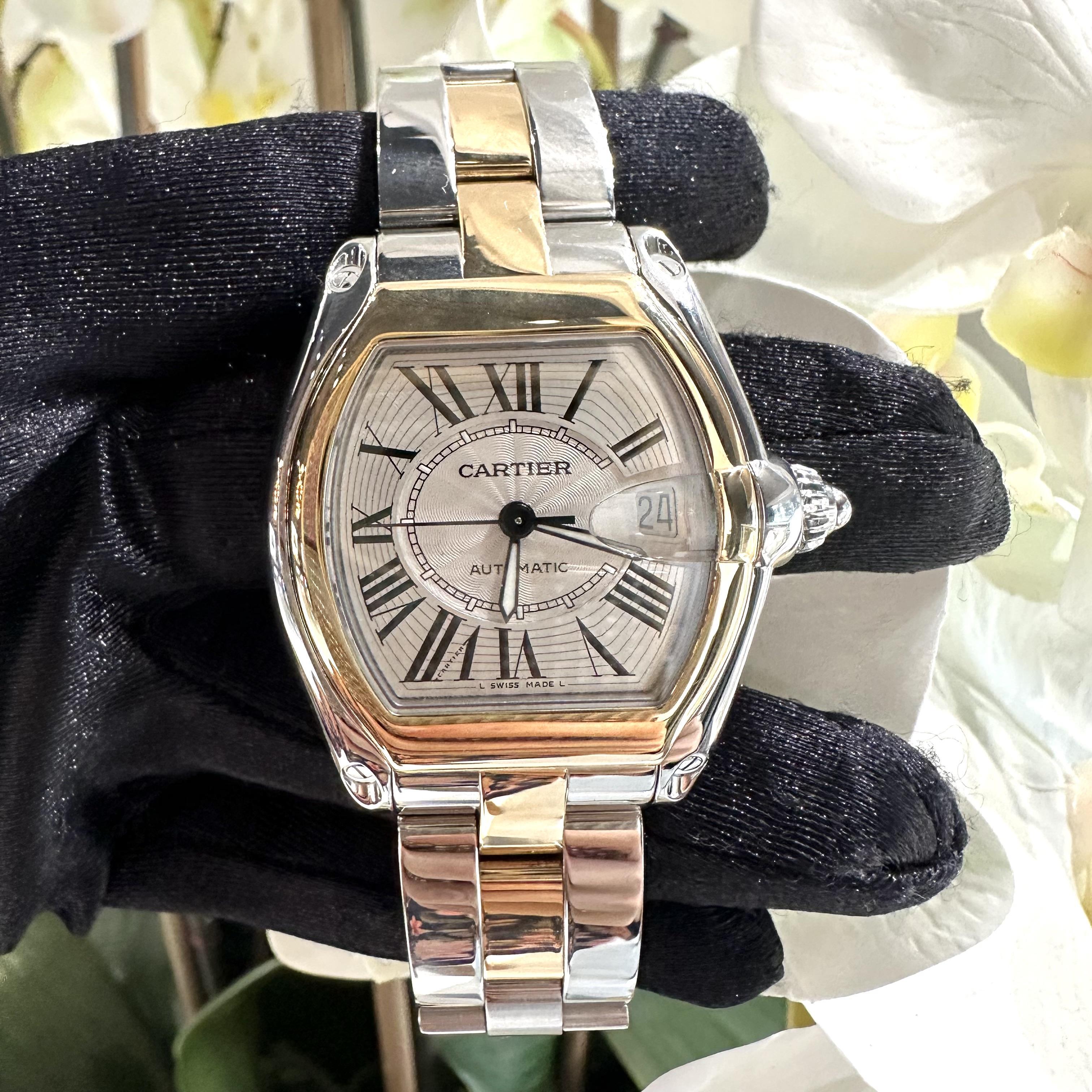 Cartier Roadster Ref. 2510 Two Tone 18k Gold/Steel Watch, Box+Papers In Good Condition In Miami, FL