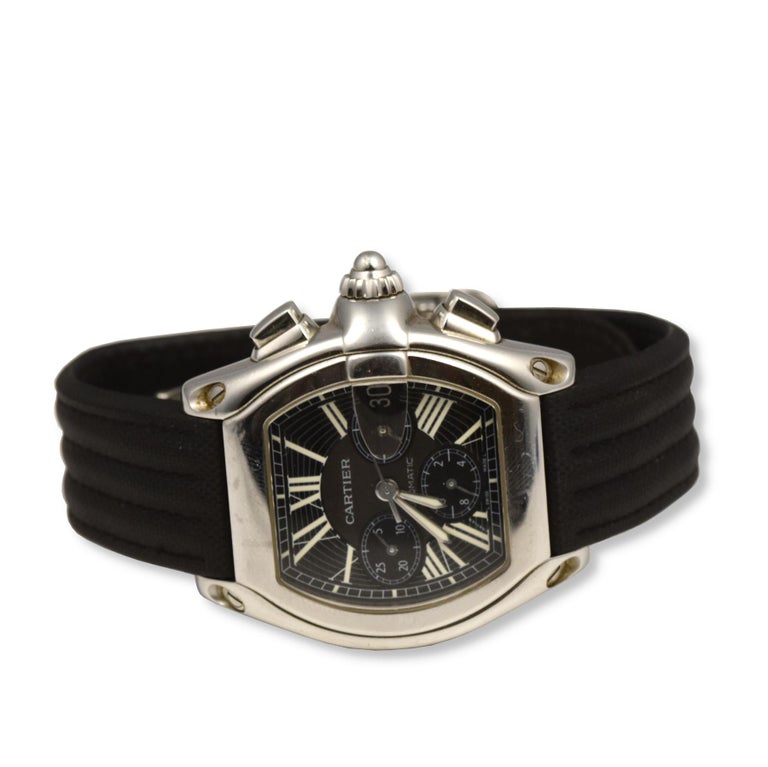 Women's or Men's Cartier Roadster Ref. 2618 Black Dial Steel Black Strap Watch