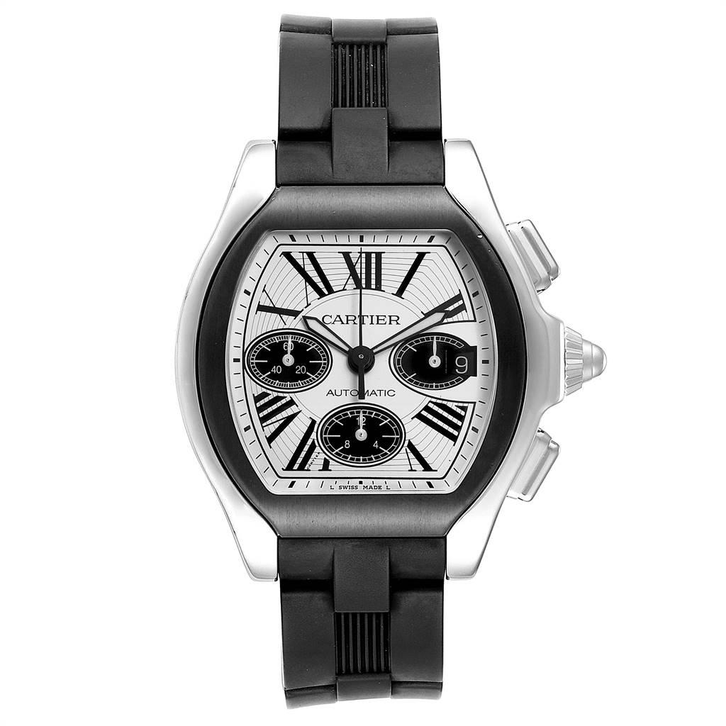 Cartier Roadster Rubber Strap Chronograph Mens Watch W6206020. Automatic self-winding movement with chronograph function. Stainless steel tonneau shaped case 50.2 x 49.2 mm. Black ion-plated bezel. Scratch resistant sapphire crystal. Silvered