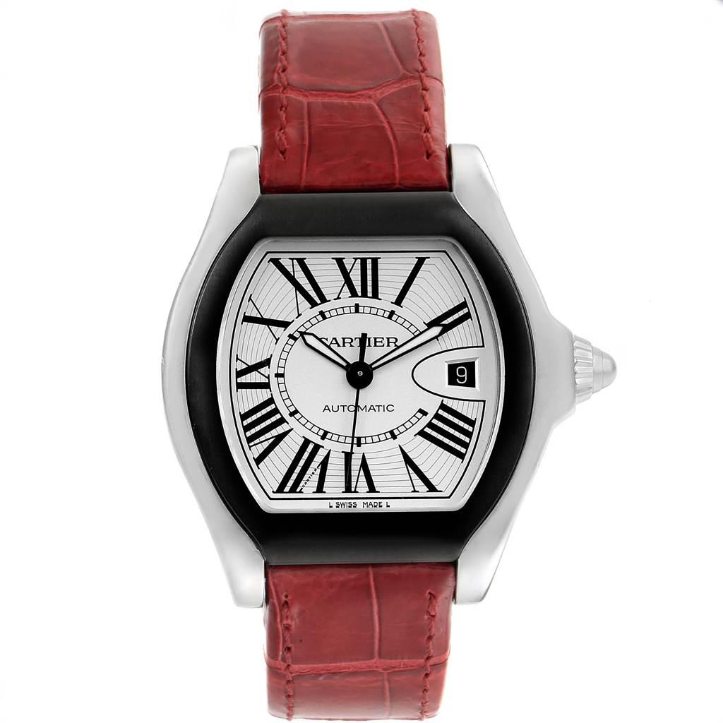Cartier Roadster S Silver Dial Red Strap Steel Unisex Watch W6206018 In Excellent Condition In Atlanta, GA