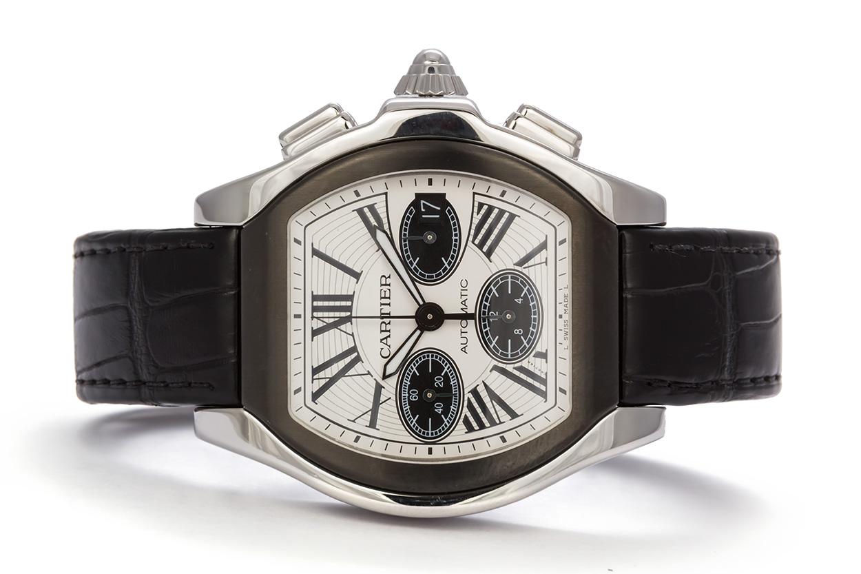 We are pleased to offer this Cartier Roadster S XL Chronograph W6206020. This watch features a stunning panda dial with luminous hands and Roman numeral, automatic Cartier calibre 8630 mechanical chronograph movement with 42hr power reserve, 49.2 x