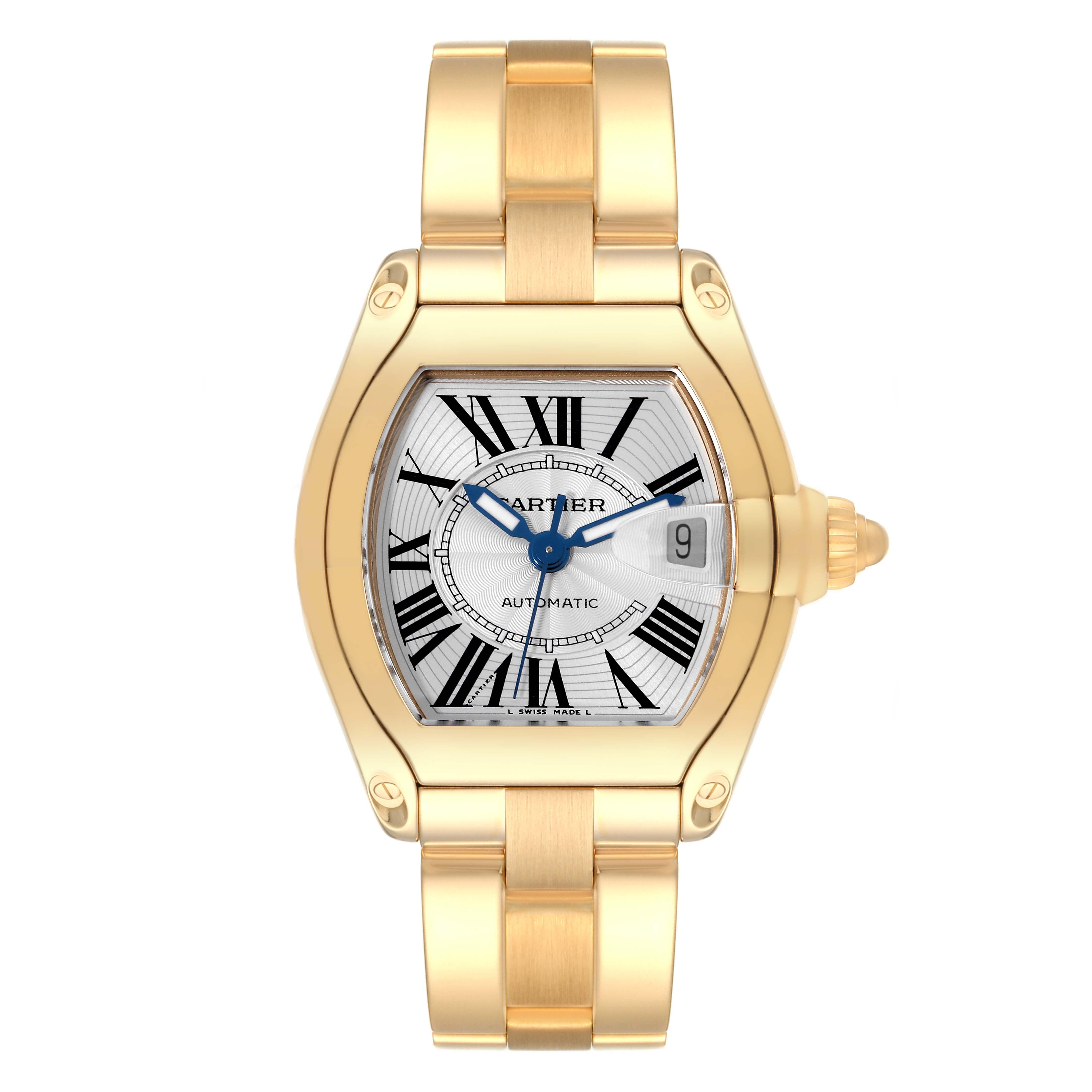 Cartier Roadster Silver Dial 18K Yellow Gold Large Mens Watch W62005V1. Automatic self-winding movement. 18K yellow gold tonneau shaped case 37 x 44 mm. . Scratch resistant sapphire crystal with cyclops magnifying glass. Silver sunray dial with