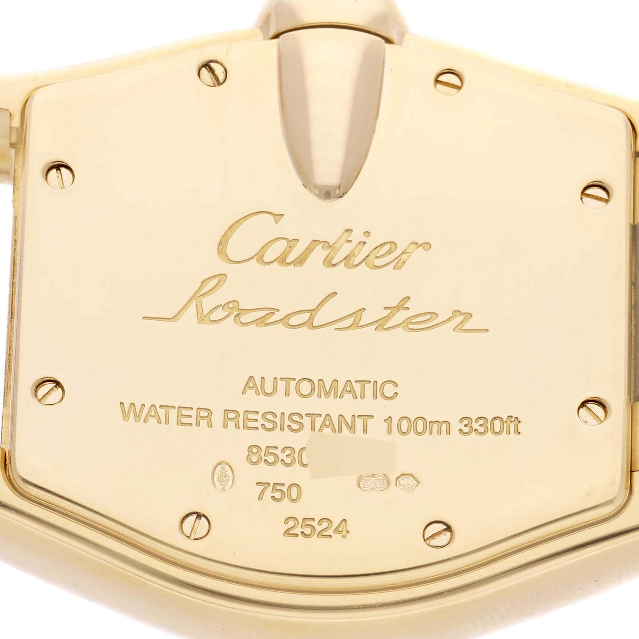 Cartier Roadster Silver Dial 18K Yellow Gold Large Mens Watch W62005V1 In Excellent Condition In Atlanta, GA