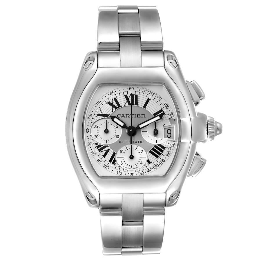 Cartier Roadster Silver Dial Chronograph Steel Mens Watch W62006X6. Automatic self-winding movement with chronograph function. Stainless steel tonneau shaped case 49 x 43mm. . Scratch resistant sapphire crystal with cyclops magnifying glass. Silver