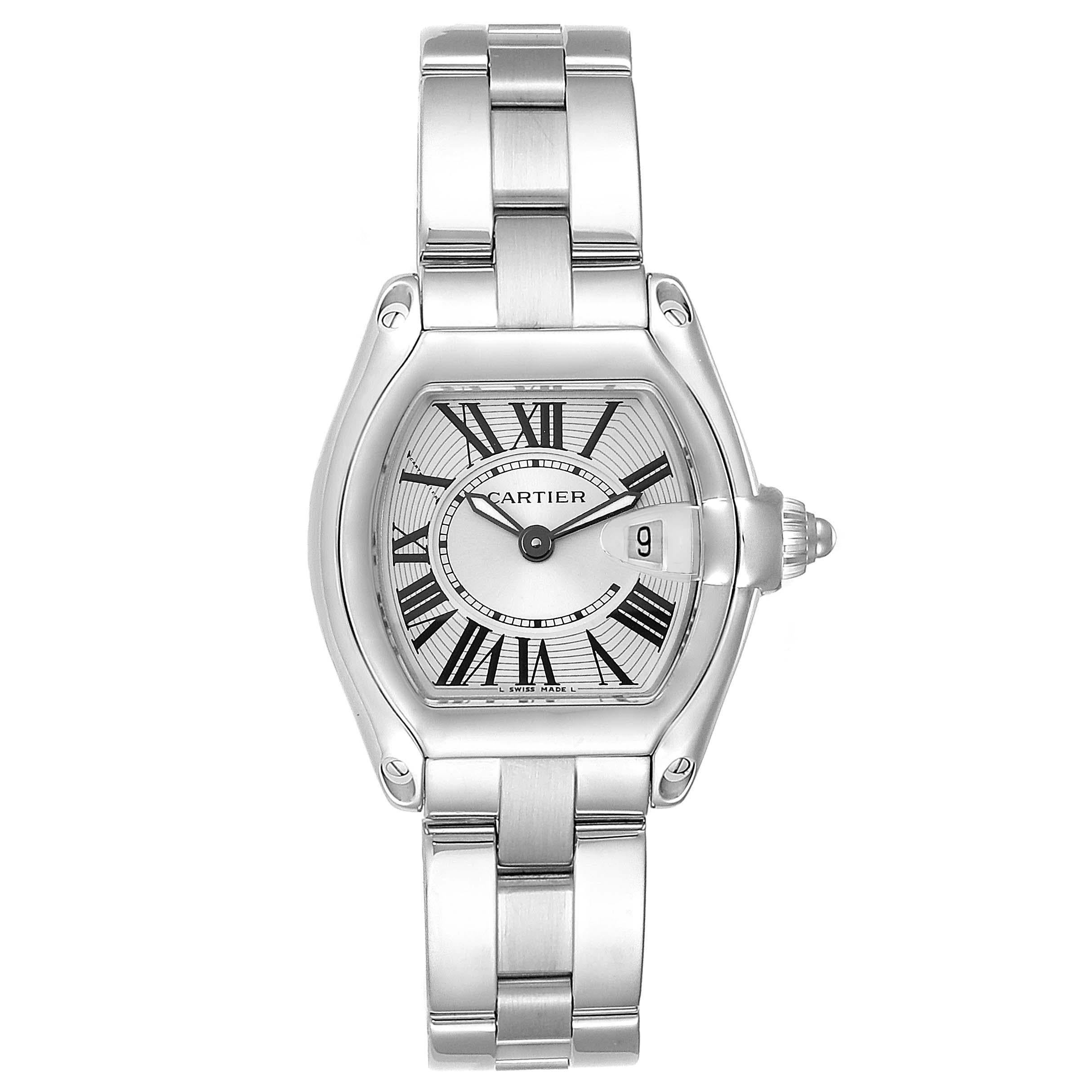 Cartier Roadster Silver Dial Small Model Steel Ladies Watch W62016V3 Box. Swiss quartz movement calibre 688. Stainless steel tonneau shaped case 36 x 30 mm. . Scratch resistant sapphire crystal with cyclops magnifying glass. Silver sunray effect