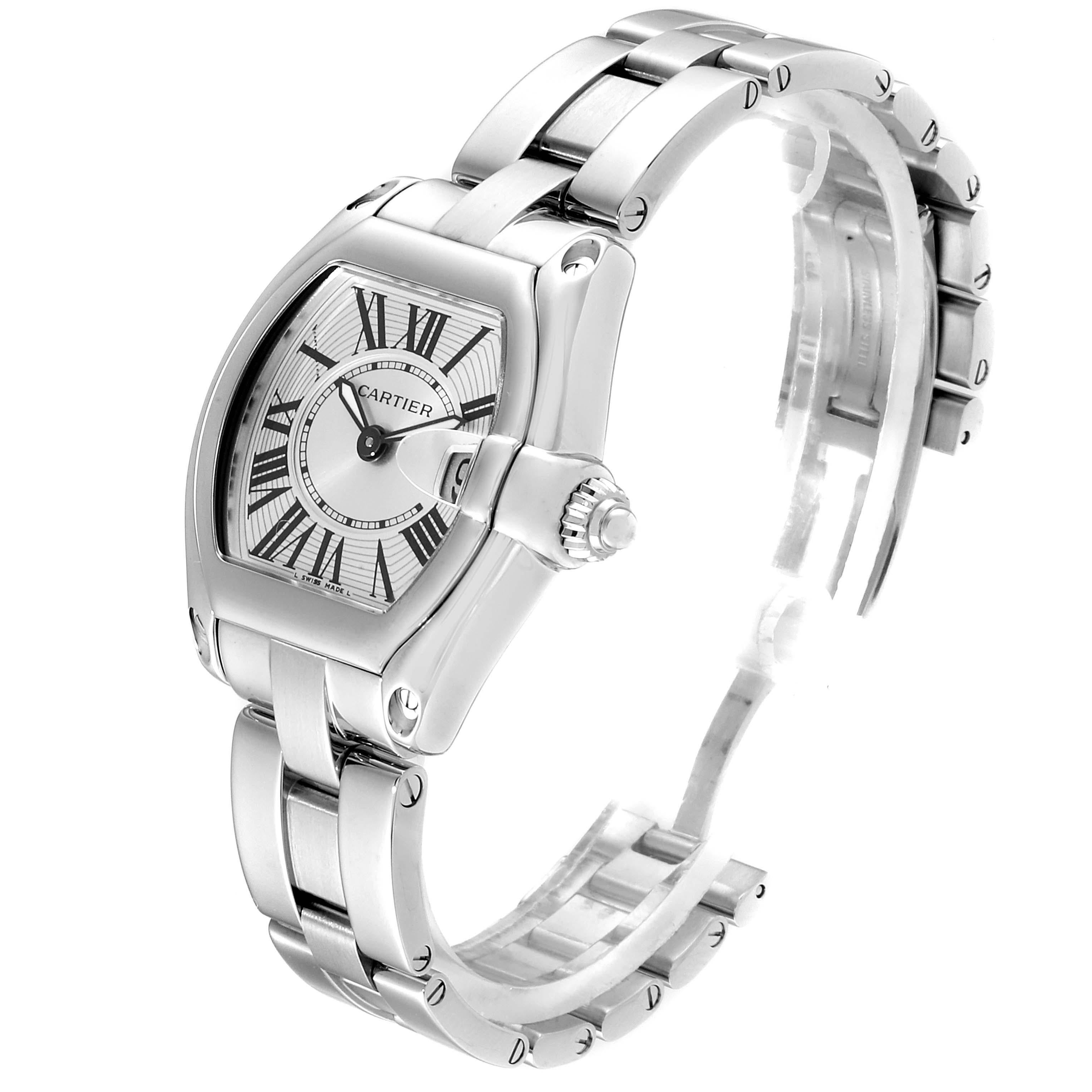 Cartier Roadster Silver Dial Small Model Steel Ladies Watch W62016V3 Box In Excellent Condition For Sale In Atlanta, GA