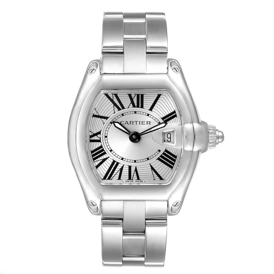 Cartier Roadster Silver Dial Steel Ladies Watch W62016V3 Extra Strap. Swiss quartz movement calibre 688. Stainless steel tonneau shaped case 36 x 30 mm. . Scratch resistant sapphire crystal with cyclops magnifying glass. Silver sunray effect dial