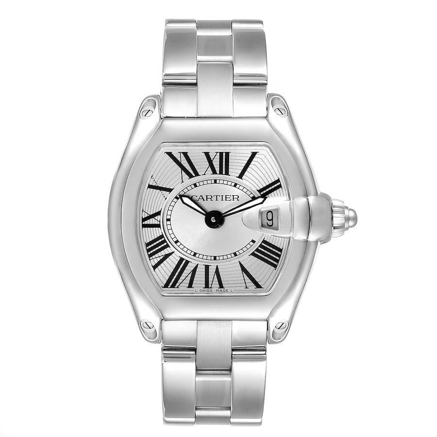 Cartier Roadster Silver Dial Steel Ladies Watch W62016V3. Swiss quartz movement calibre 688. Stainless steel tonneau shaped case 36 x 30 mm. . Scratch resistant sapphire crystal with cyclops magnifying glass. Silver sunray effect dial with black