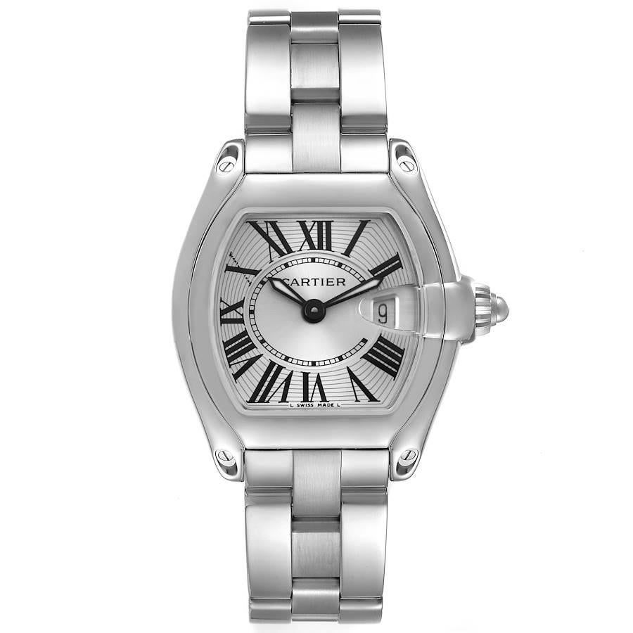 Cartier Roadster Silver Dial Steel Ladies Watch W62016V3. Swiss quartz movement calibre 688. Stainless steel tonneau shaped case 36 x 30 mm. . Scratch resistant sapphire crystal with cyclops magnifier. Silver sunray effect dial with black Roman