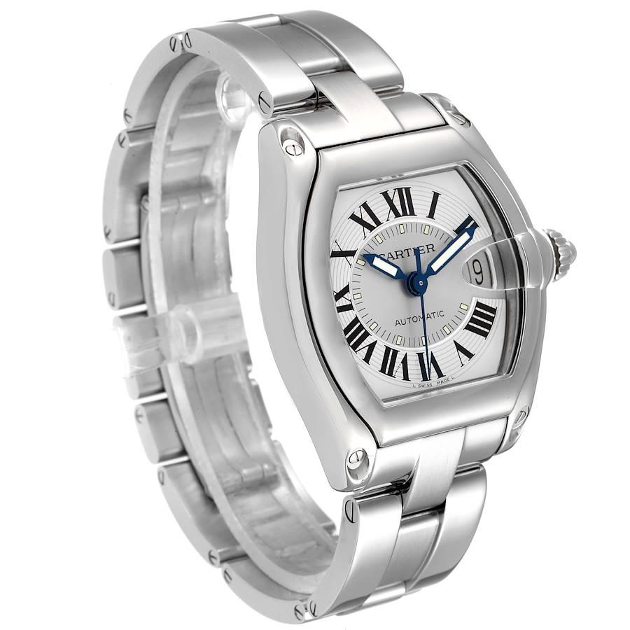 Cartier Roadster Silver Dial Steel Mens Watch W62000V3 Box Papers Strap In Excellent Condition For Sale In Atlanta, GA