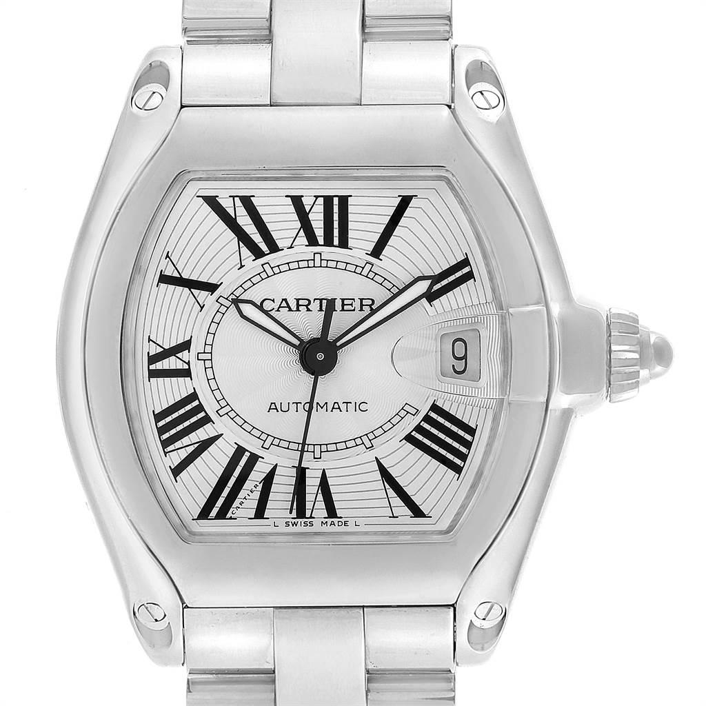 Cartier Roadster Silver Dial Steel Mens Watch W62025V3 Box Papers Strap. Automatic self-winding movement. Stainless steel tonneau shaped case 38 x 43 mm. Scratch resistant sapphire crystal with cyclops magnifying glass. Silver sunray effect dial