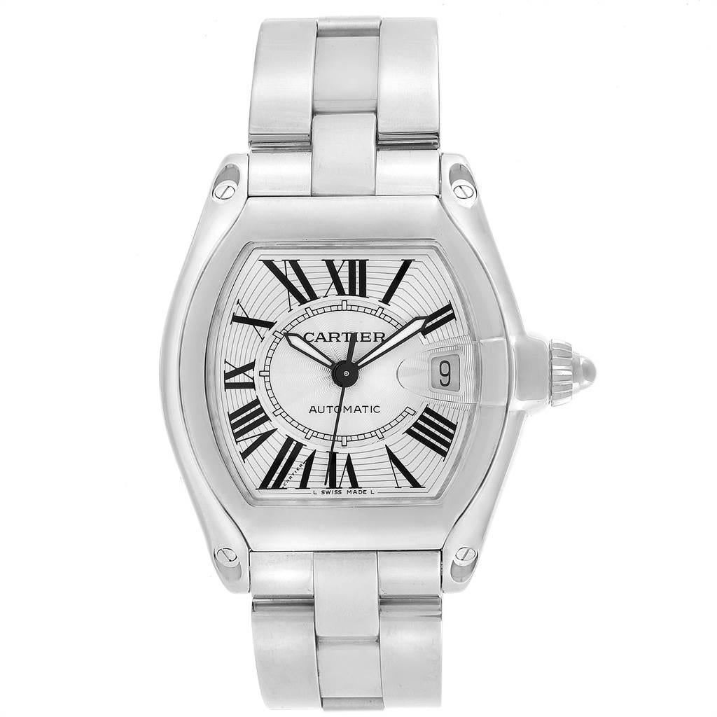 Cartier Roadster Silver Dial Steel Men's Watch W62025V3 Box Papers Strap In Excellent Condition For Sale In Atlanta, GA