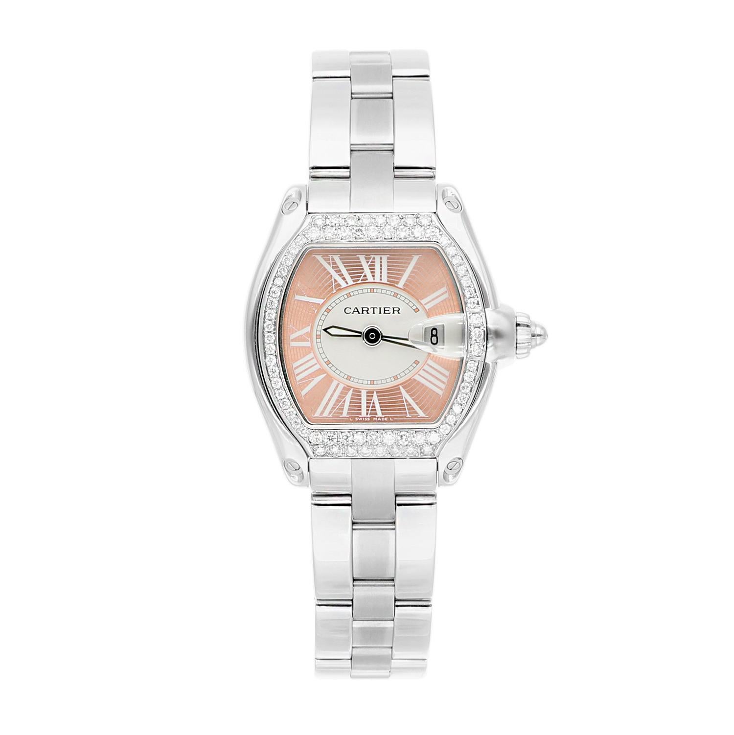 Cartier Roadster Small Ladies Peach Dial Stainless Steel Watch with Diamond Bezel
This watch has been professionally polished, serviced and is in excellent overall condition. There are absolutely no visible scratches or blemishes. Diamonds were