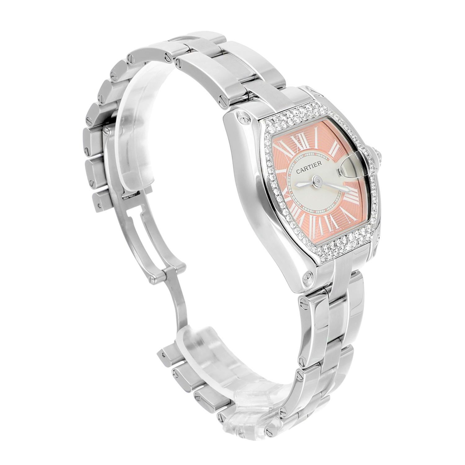 Cartier Roadster Sm NWMD46 Ladies Peach Dial Stainless Steel with Diamond Bezel In Excellent Condition For Sale In New York, NY