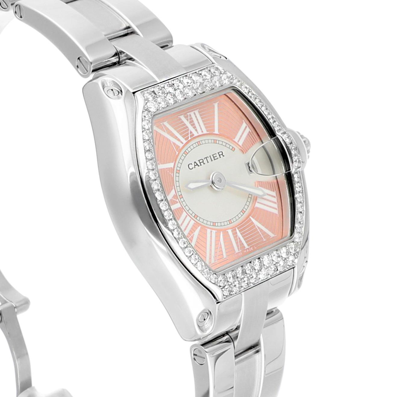 Women's Cartier Roadster Sm NWMD46 Ladies Peach Dial Stainless Steel with Diamond Bezel For Sale