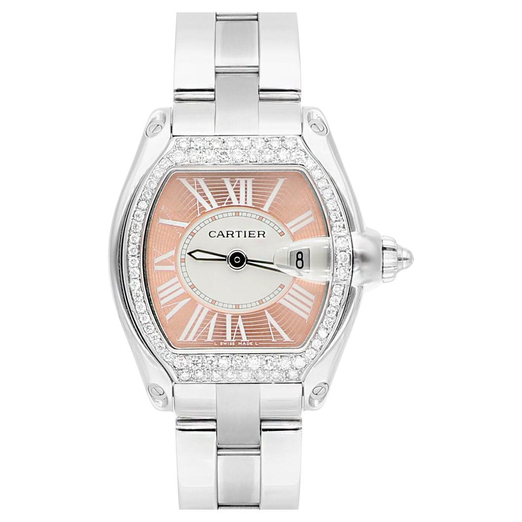 Cartier Roadster Sm NWMD46 Ladies Peach Dial Stainless Steel with Diamond Bezel For Sale