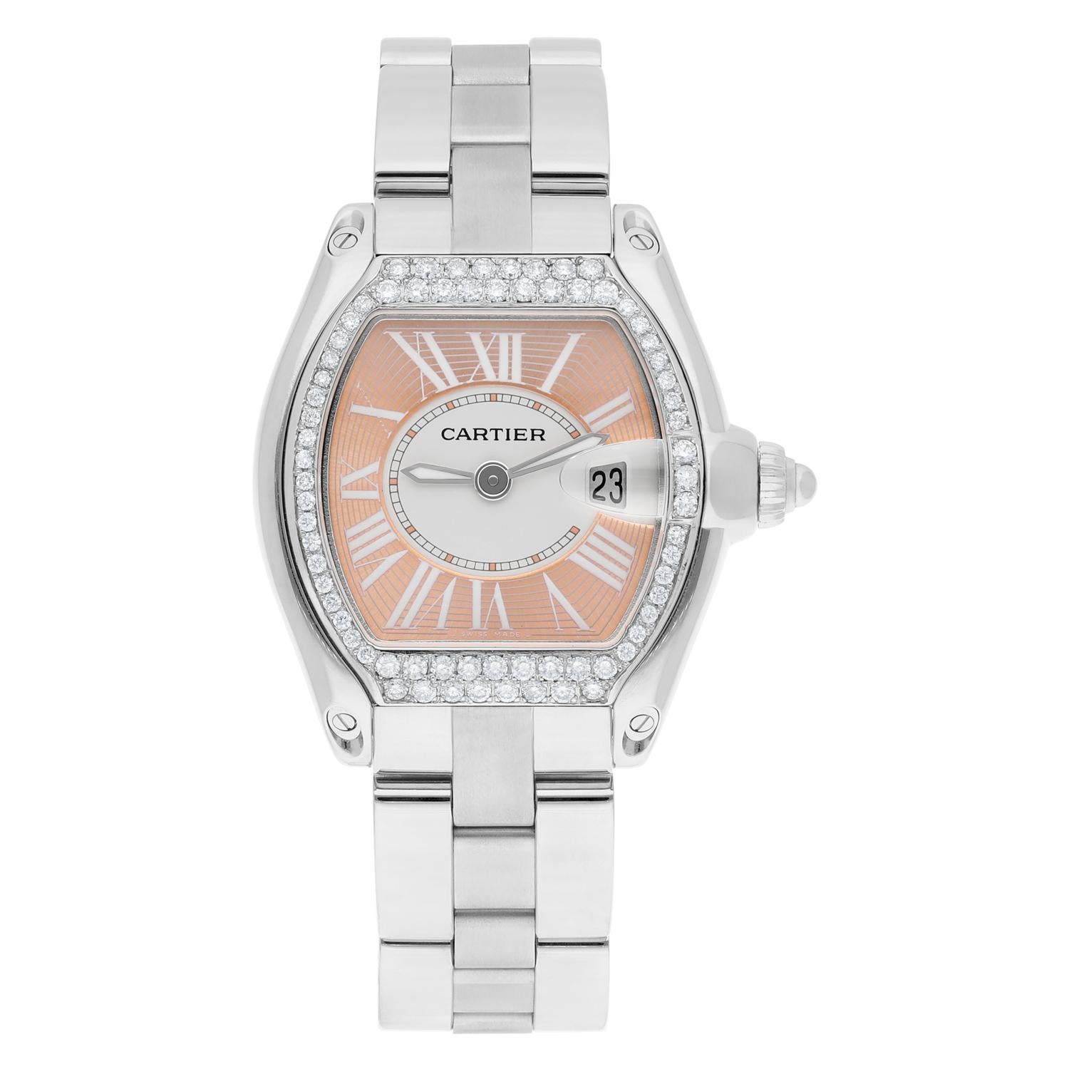 Cartier Roadster Small Ladies Peach Dial Stainless Steel Watch with Diamond Bezel
This watch has been professionally polished, serviced and is in excellent overall condition. There are absolutely no visible scratches or blemishes. Diamonds were