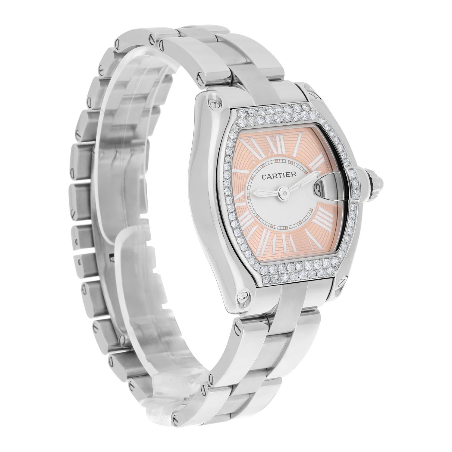 Cartier Roadster Sm NWMD46 Ladies Peach Dial Stainless Steel with Diamond Bezel In Excellent Condition For Sale In New York, NY