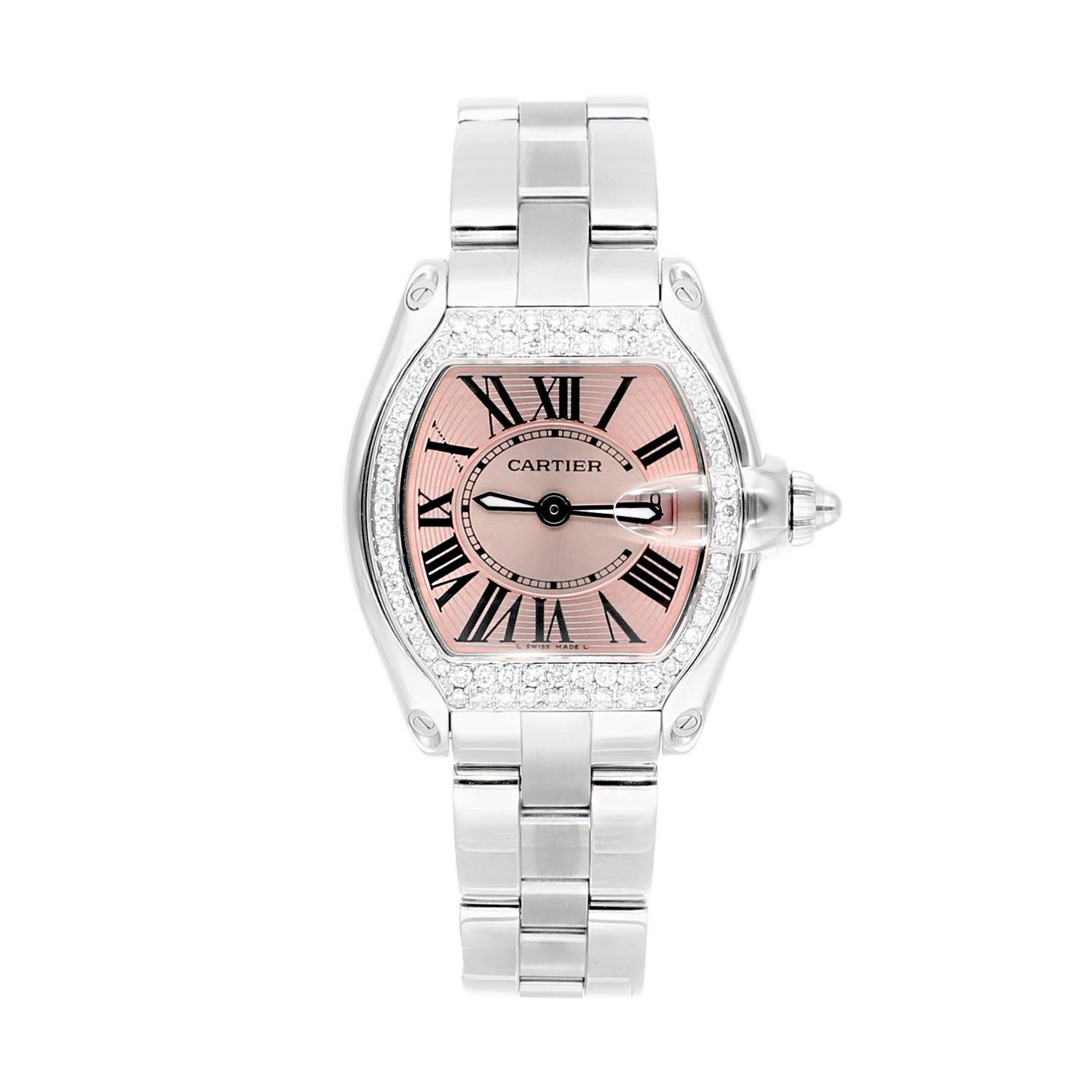 
Description
Cartier Roadster Small Ladies Pink Dial Stainless Steel Watch with Diamond Bezel
This watch has been professionally polished, serviced and is in excellent overall condition. There are absolutely no visible scratches or blemishes.