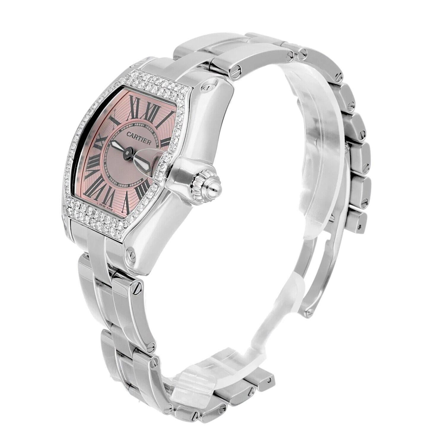 Cartier Roadster Petite montre pour femmes avec cadran rose en acier inoxydable et lunette en diamant Pour femmes en vente