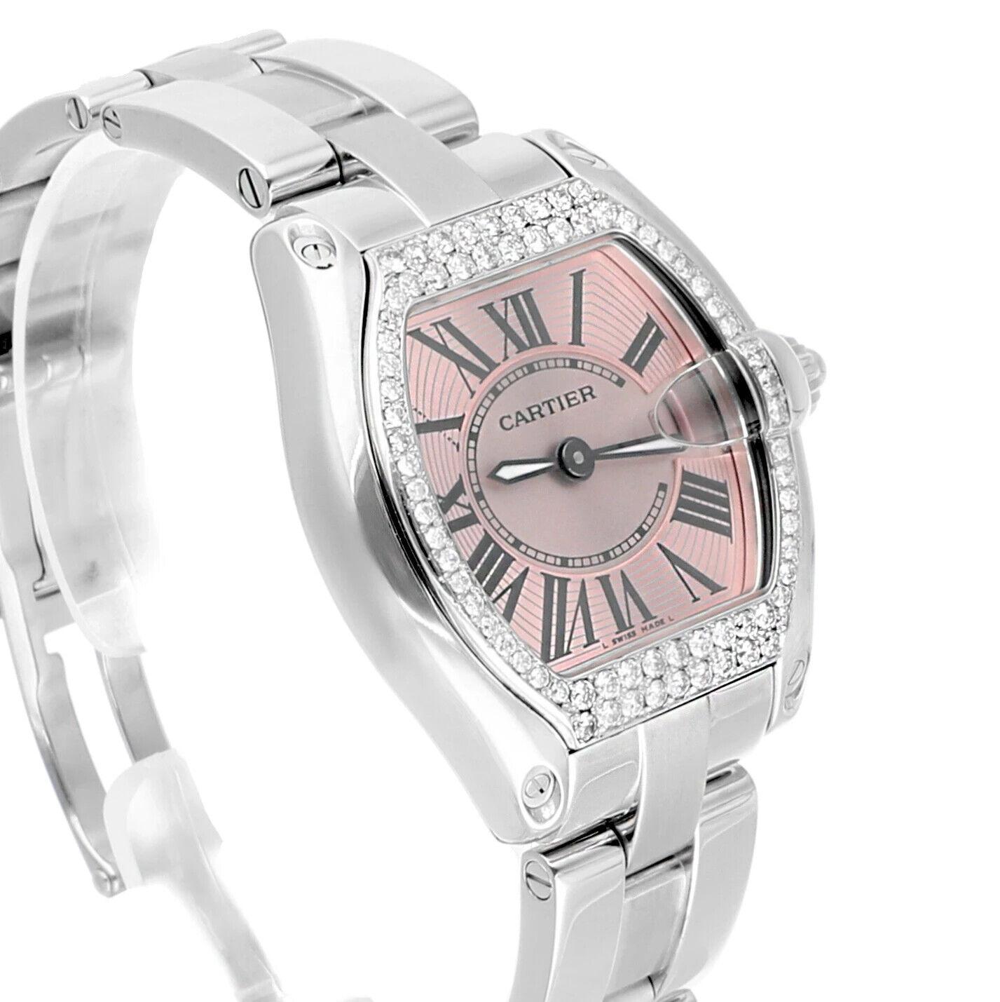 Cartier Roadster Petite montre pour femmes avec cadran rose en acier inoxydable et lunette en diamant en vente 1