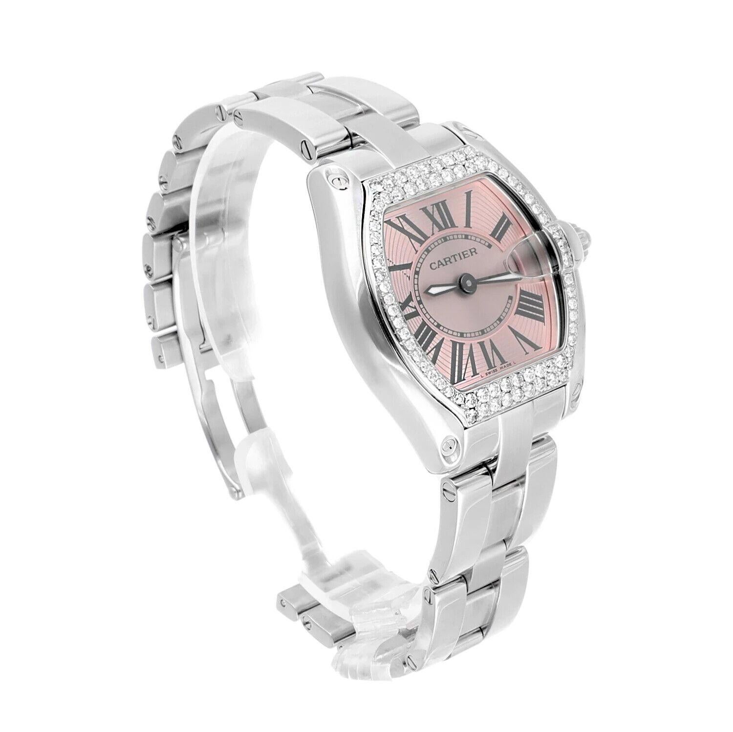 Cartier Roadster Small Ladies Pink Dial Stainless Steel Watch with Diamond Bezel In Excellent Condition For Sale In New York, NY