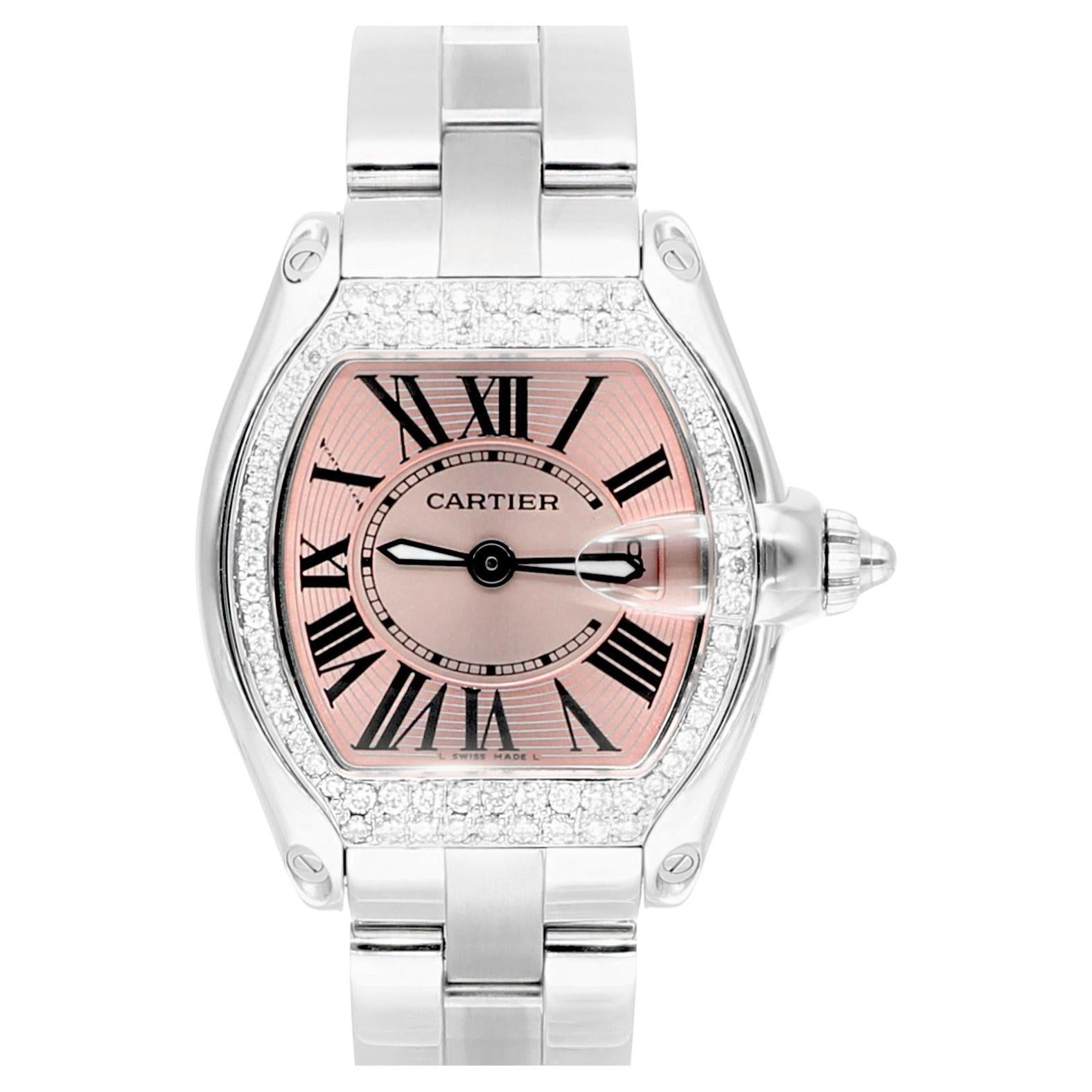 Cartier Roadster Petite montre pour femmes avec cadran rose en acier inoxydable et lunette en diamant en vente