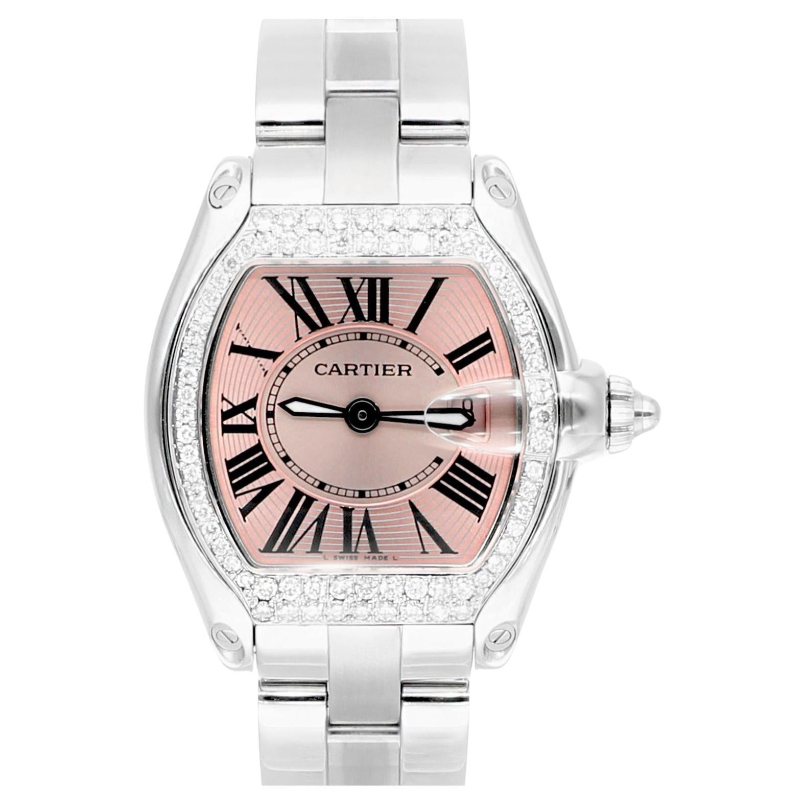 Cartier Roadster Kleine Damenuhr aus Edelstahl mit rosa Zifferblatt und Diamant-Lünette