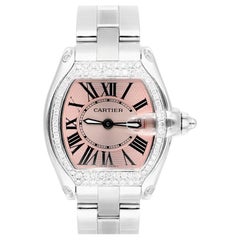 Cartier Roadster Small Ladies Pink Dial Stainless Steel Watch with Diamond Bezel