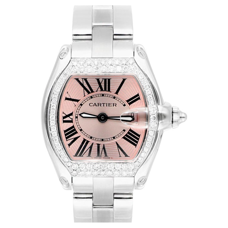 Cartier Roadster Petite montre pour femmes avec cadran rose en acier  inoxydable et lunette en diamant En vente sur 1stDibs