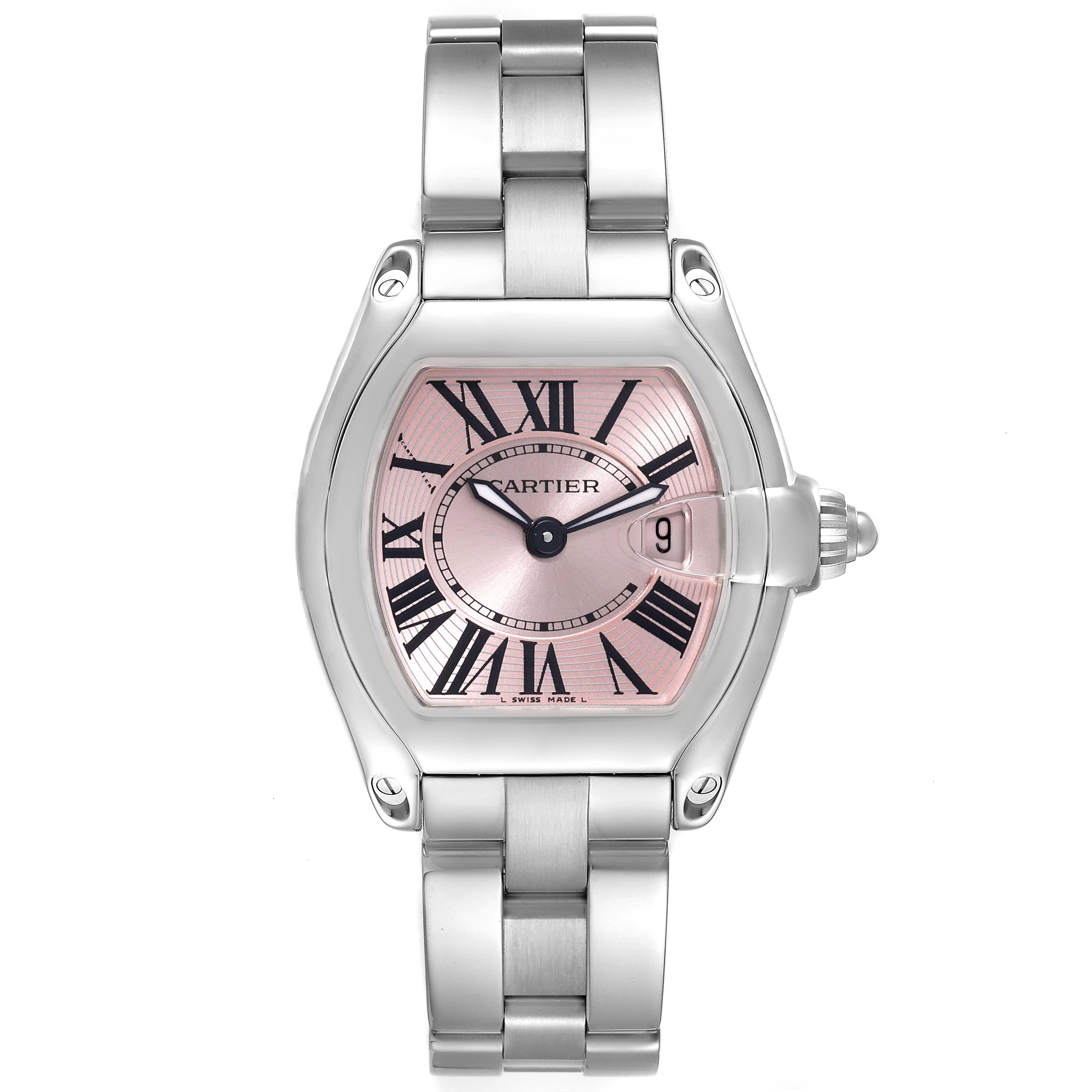 Cartier Roadster Small Pink Dial Steel Ladies Watch W62017V3 Box Papers. Swiss quartz movement calibre 688. Stainless steel tonneau shaped case 36 x 30 mm. . Scratch resistant sapphire crystal with cyclops magnifier. Pink sunray effect dial with