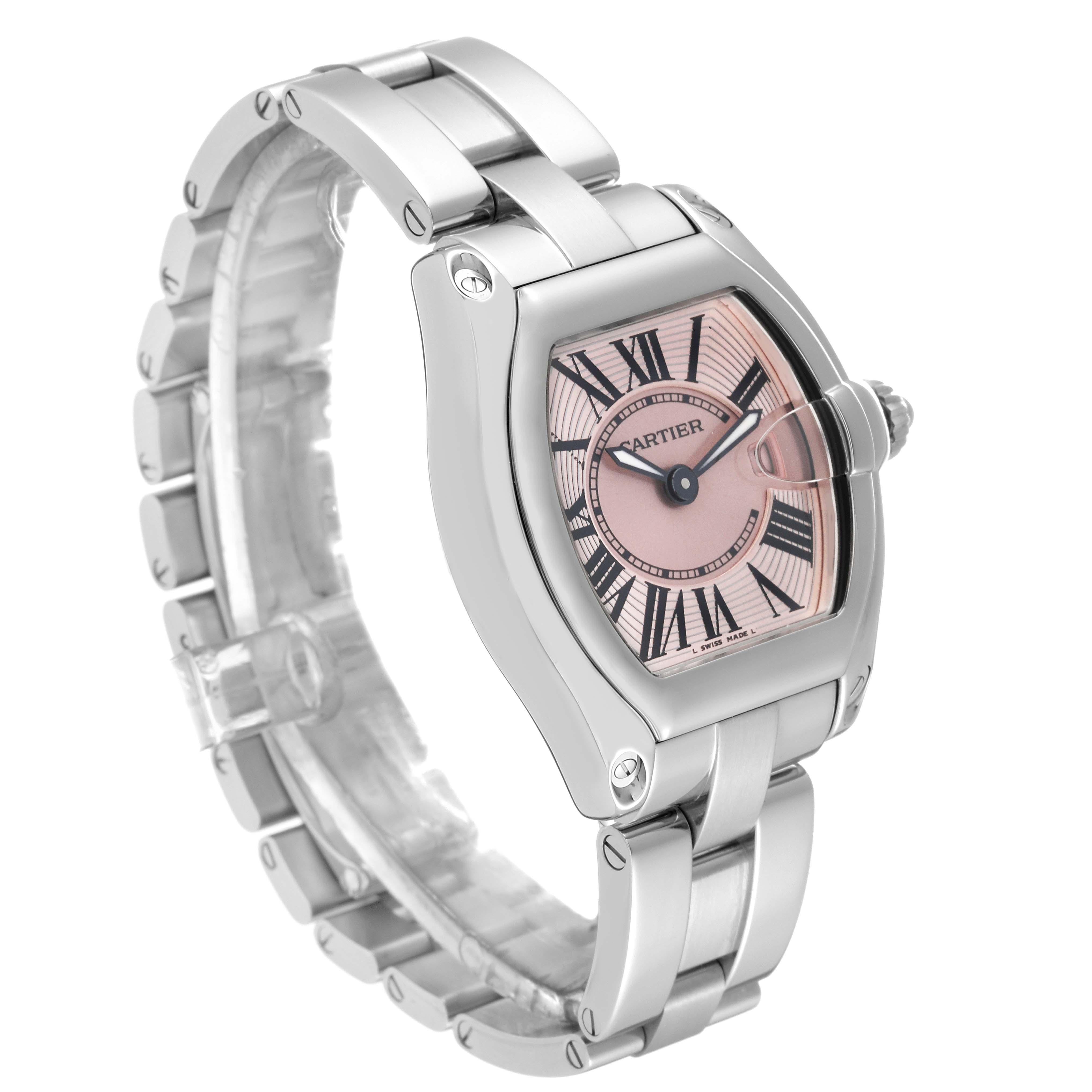 Cartier Roadster Small Pink Dial Steel Ladies Watch W62017V3 In Excellent Condition For Sale In Atlanta, GA