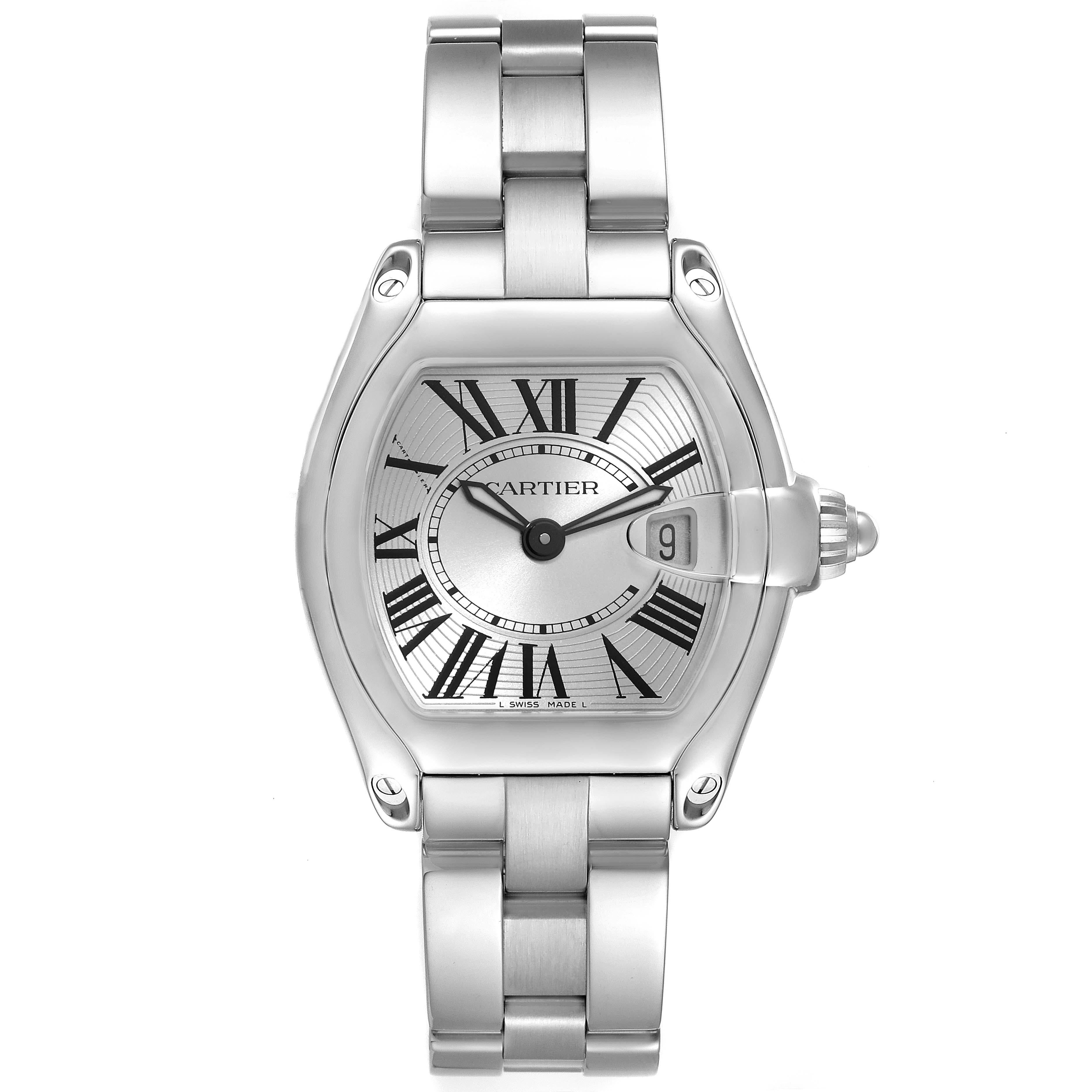 Cartier Roadster Small Silver Dial Steel Ladies Watch W62016V3 Box Papers. Swiss quartz movement calibre 688. Stainless steel tonneau shaped case 36 x 30 mm. . Scratch resistant sapphire crystal with cyclops magnifier. Silver sunray effect dial with