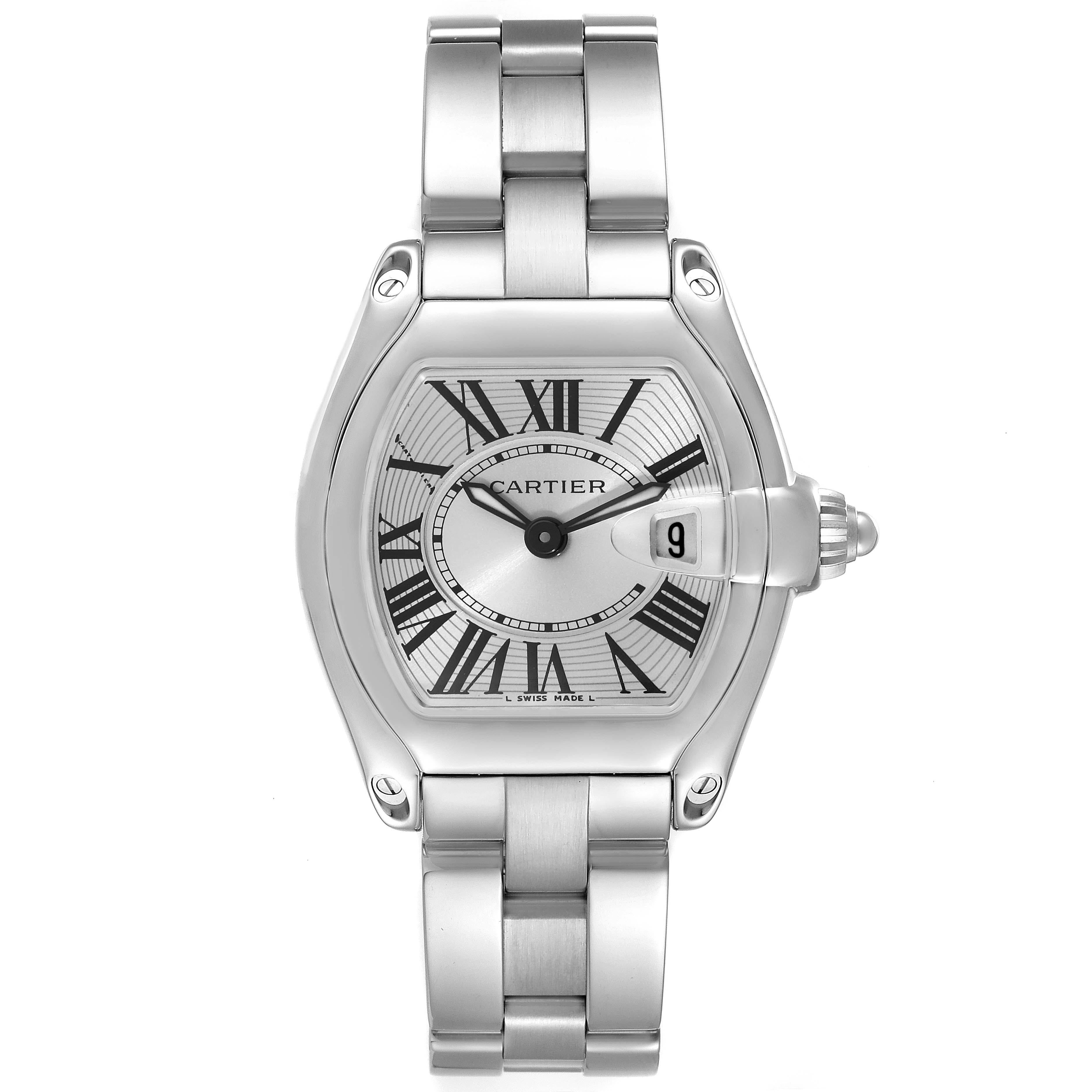 Cartier Roadster Small Silver Dial Steel Ladies Watch W62016V3 Box Papers. Swiss quartz movement. Stainless steel tonneau shaped case 36 x 30 mm. . Scratch resistant sapphire crystal with cyclops magnifier. Silver sunray effect dial with black Roman