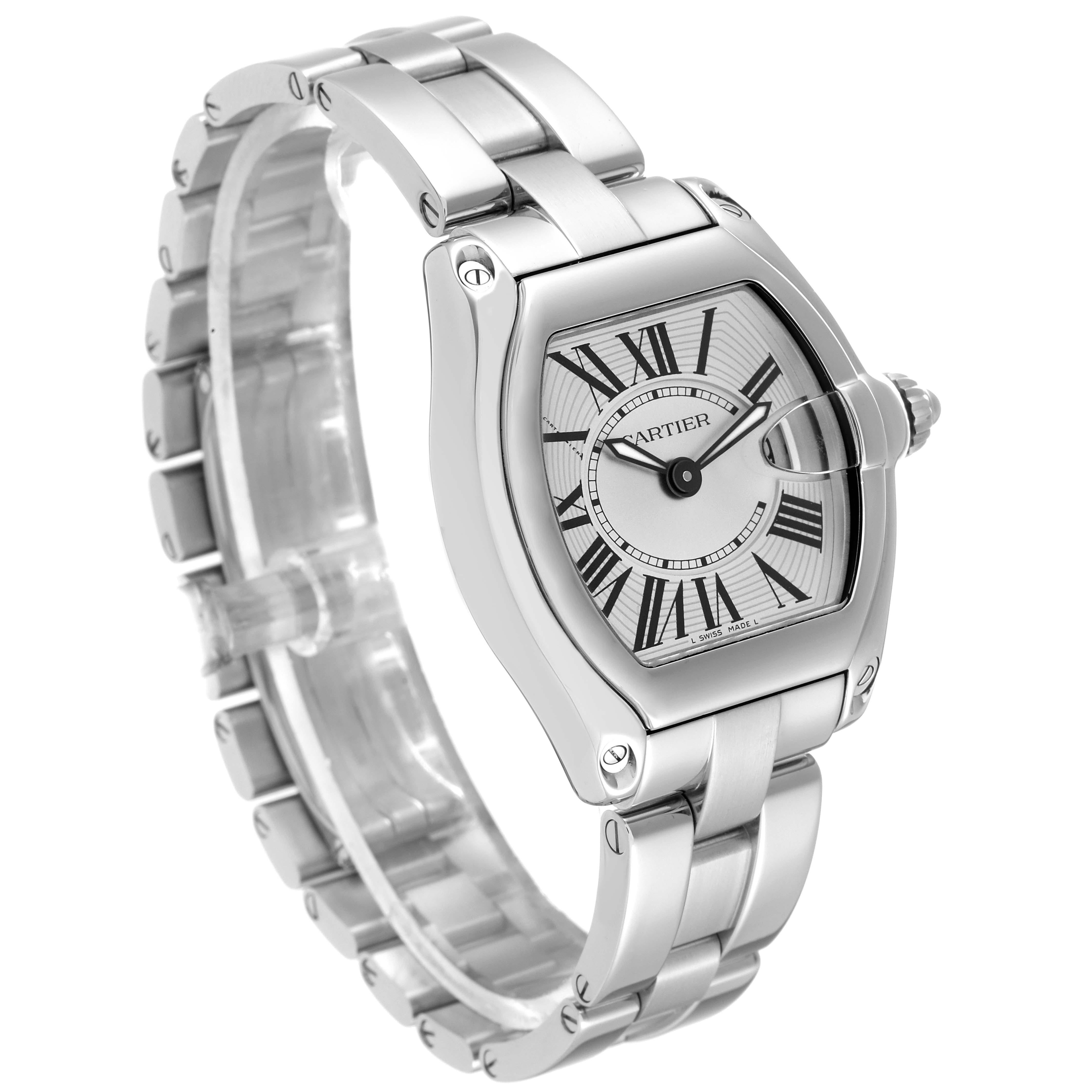 Cartier Roadster Small Silver Dial Steel Ladies Watch W62016V3 Box Papers In Excellent Condition In Atlanta, GA