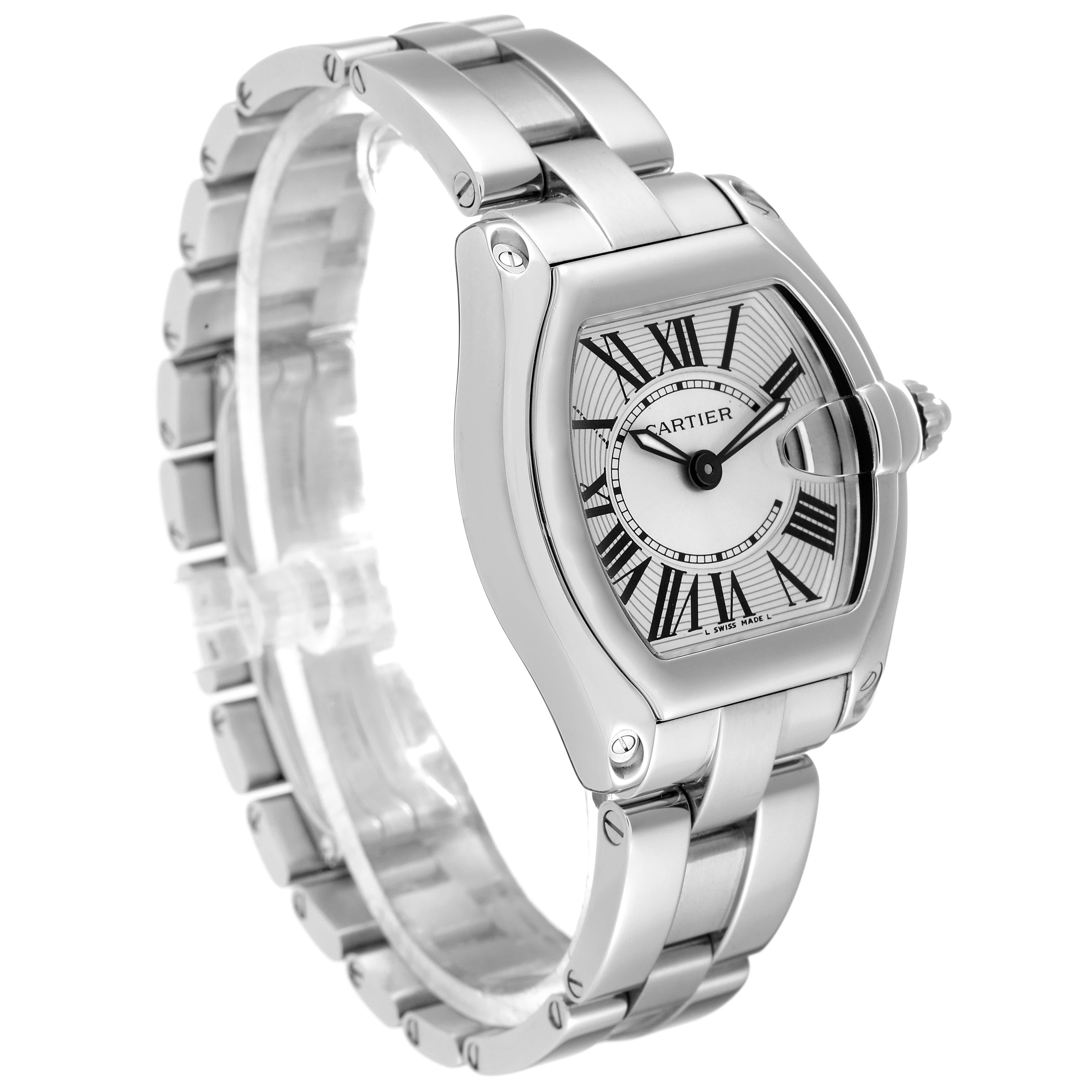 Cartier Roadster Small Silver Dial Steel Ladies Watch W62016V3 Box Papers In Excellent Condition In Atlanta, GA
