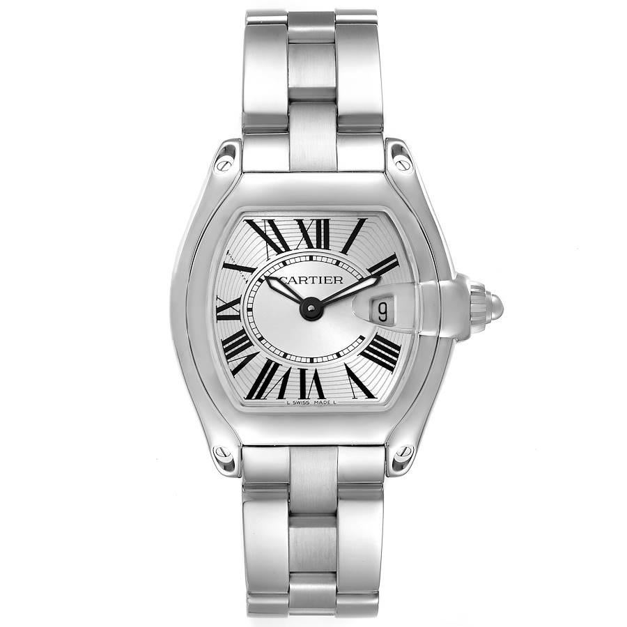 Cartier Roadster Small Silver Dial Steel Ladies Watch W62016V3. Swiss quartz movement calibre 688. Stainless steel tonneau shaped case 36 x 30 mm. . Scratch resistant sapphire crystal with cyclops magnifier. Silver sunray effect dial with black