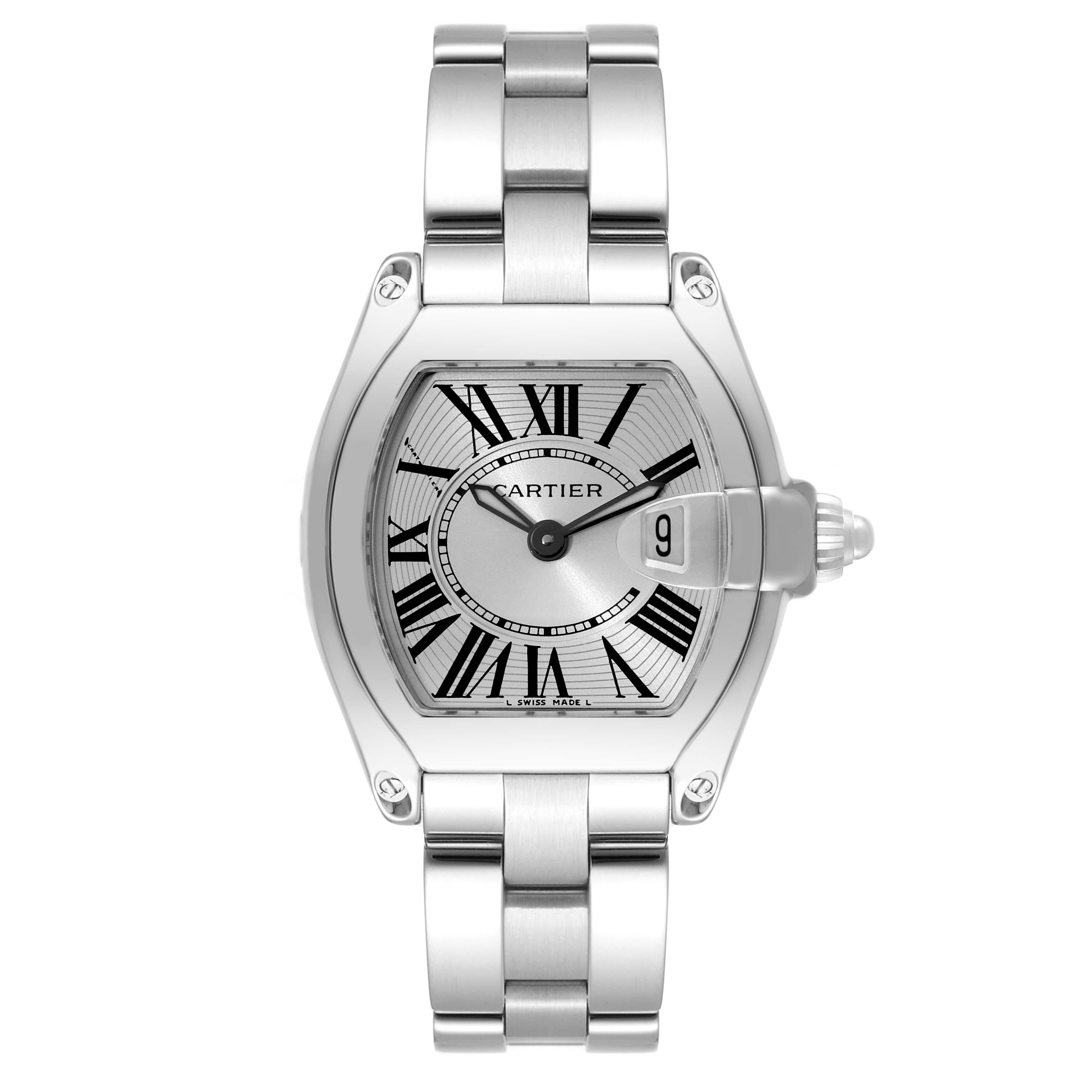 Cartier Roadster Small Silver Dial Steel Ladies Watch W62016V3. Swiss quartz movement calibre 688. Stainless steel tonneau shaped case 36 x 30 mm. . Scratch resistant sapphire crystal with cyclops magnifier. Silver sunray effect dial with black
