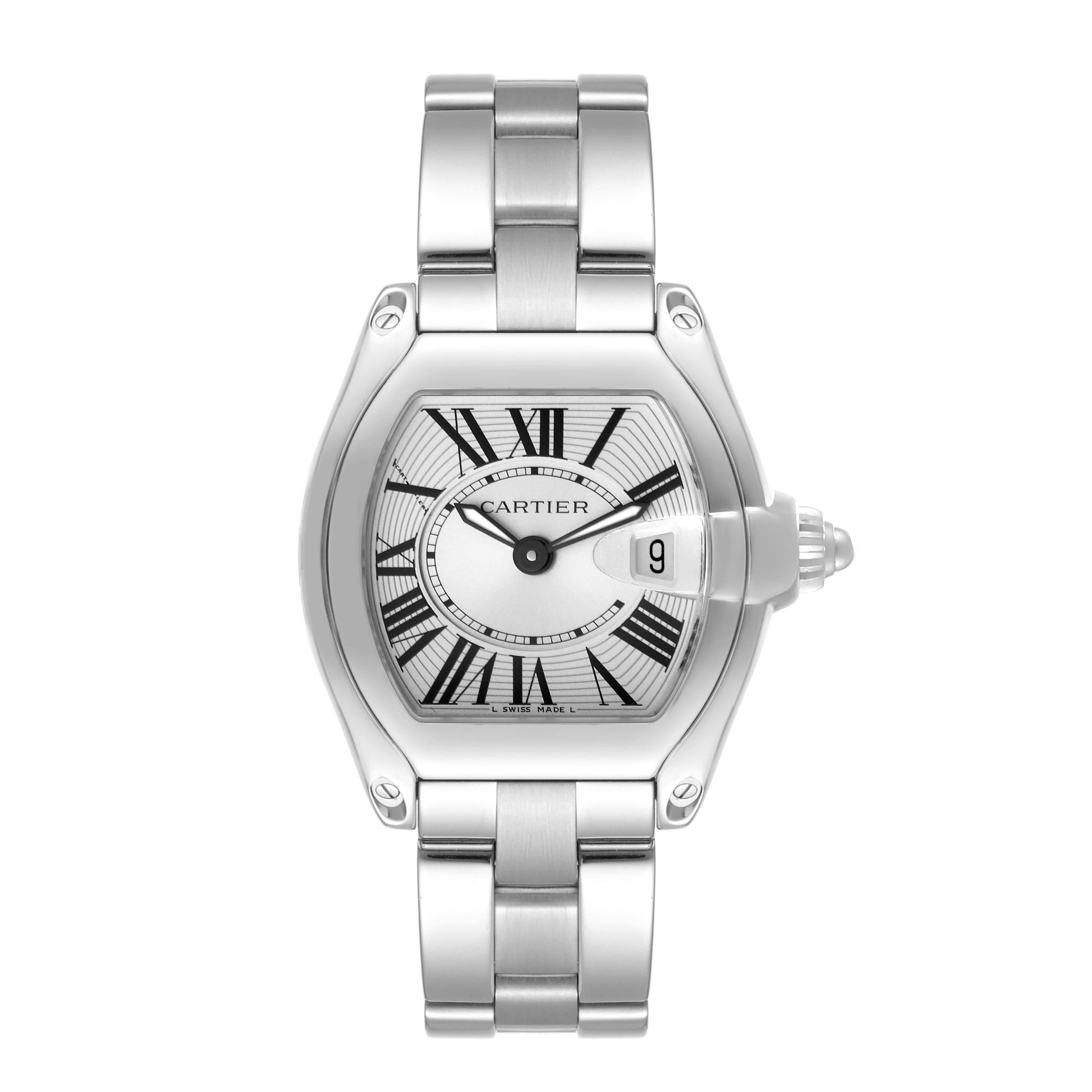 Cartier Roadster Small Silver Dial Steel Ladies Watch W62016V3. Swiss quartz movement caliber 688. Stainless steel tonneau shaped case 36 x 30 mm. . Scratch resistant sapphire crystal with cyclops magnifier. Silver sunray effect dial with black
