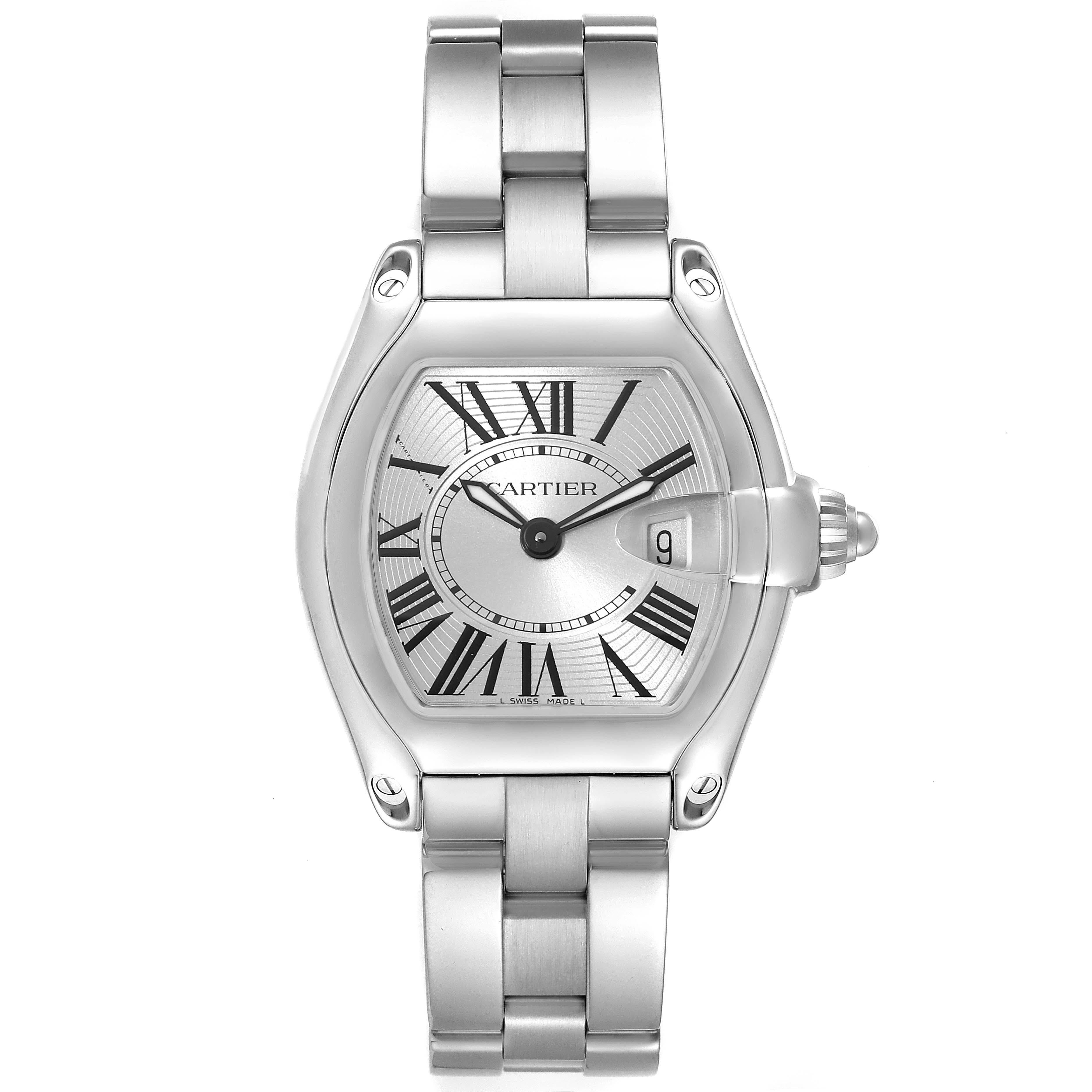 Cartier Roadster Small Silver Dial Steel Ladies Watch W62016V3 Papers. Swiss quartz movement caliber 688. Stainless steel tonneau shaped case 36 x 30 mm. . Scratch resistant sapphire crystal with cyclops magnifier. Silver sunray effect dial with