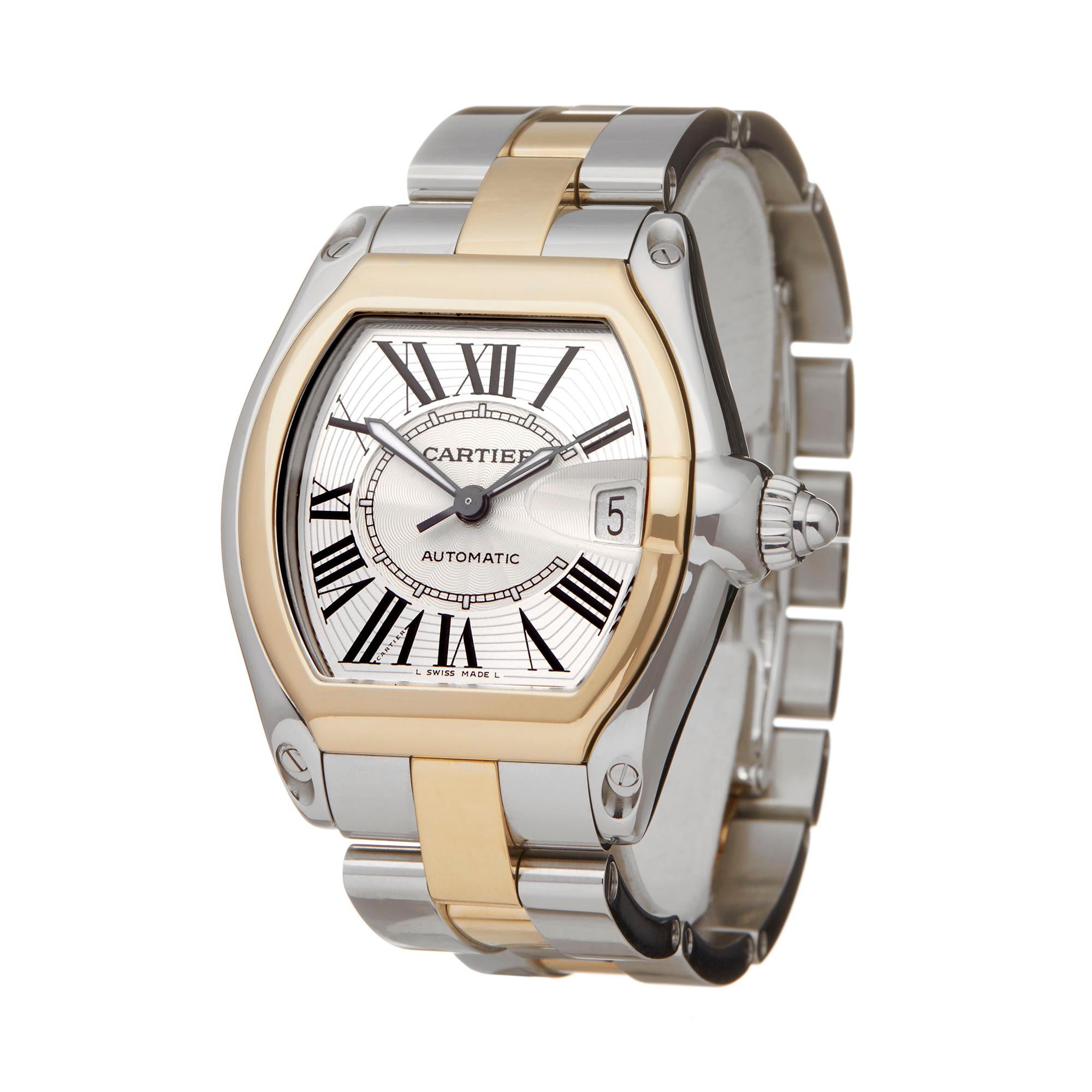 Ref: COM2215
Manufacturer: Cartier
Model: Roadster
Model Ref: 2510 or W62031Y4
Age: 10th October 2015
Gender: Mens
Complete With: Service Pouch, Service Papers & Receipt From Purchase
Dial: Silver Roman
Glass: Sapphire Crystal
Movement: